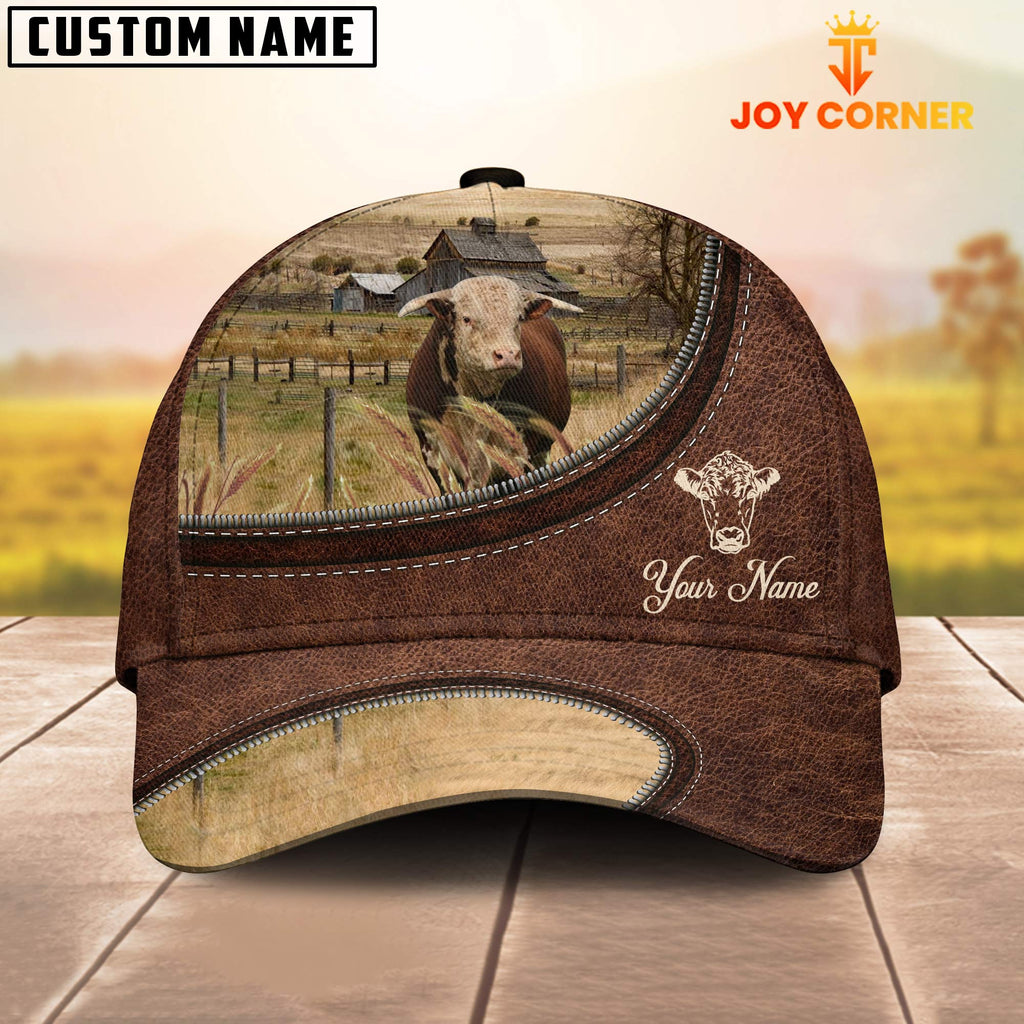 Horn Hereford On The Farm Customized Name Leather Pattern Cap