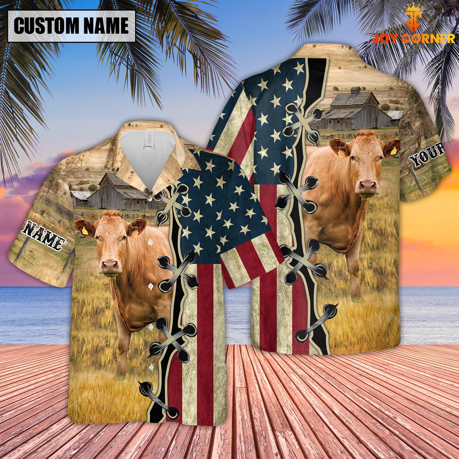 Custom Name Limousin Cattle American Flag 3D Shirt
