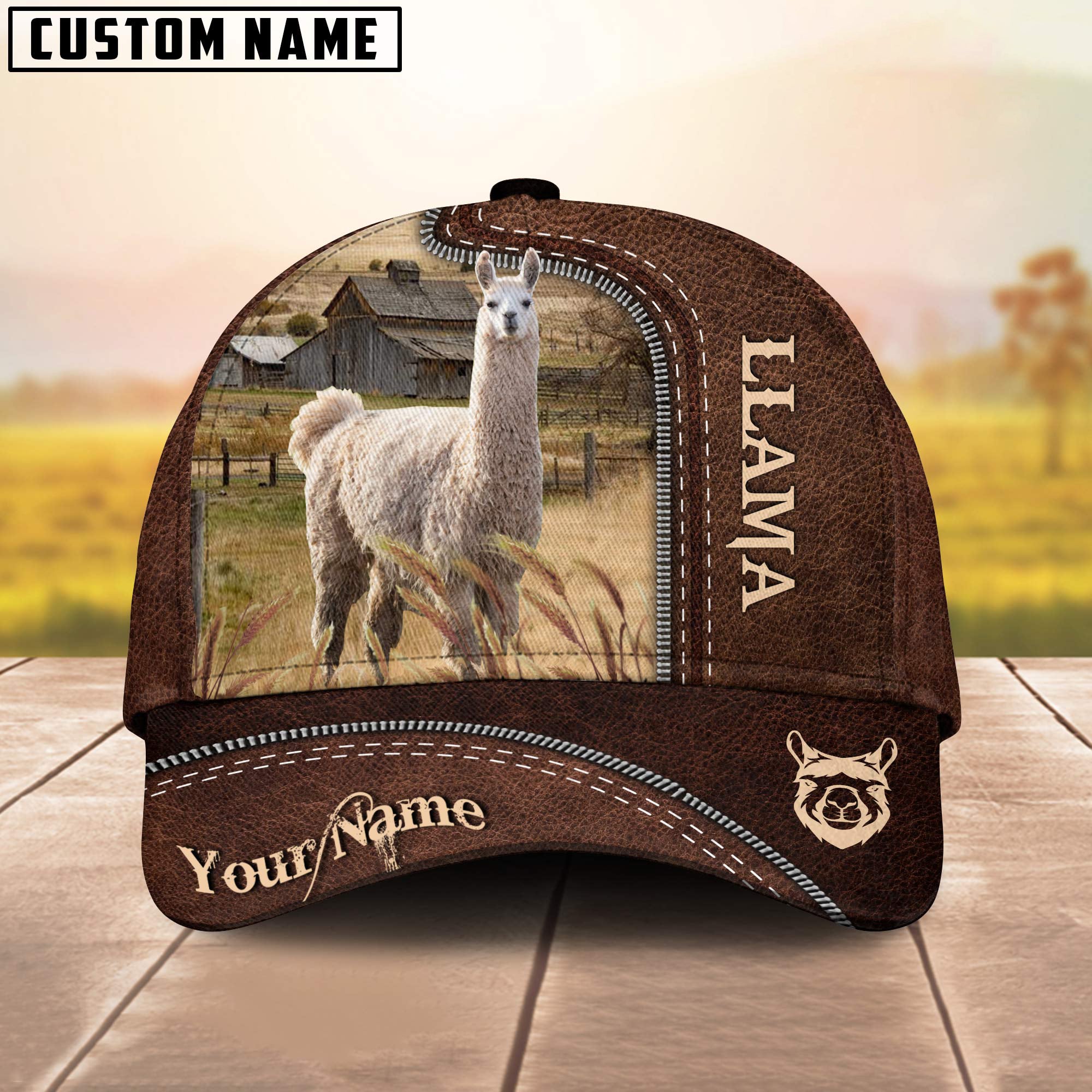 Llama Customized Name Leather Pattern Cap
