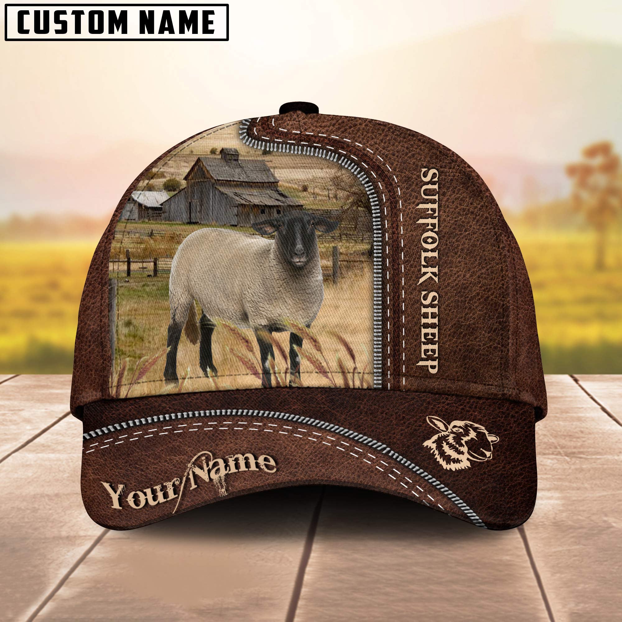 Suffolk Sheep Customized Name Leather Pattern Cap