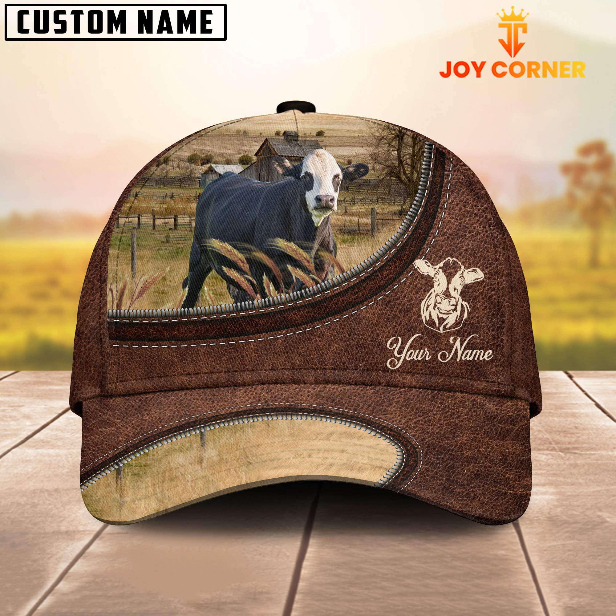 Black Baldy On The Farm Customized Name Leather Pattern Cap