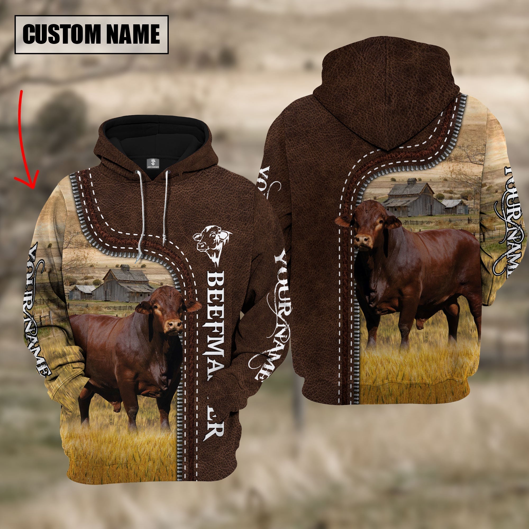 Beefmaster Farming Leather Pattern Personalized 3D Hoodie