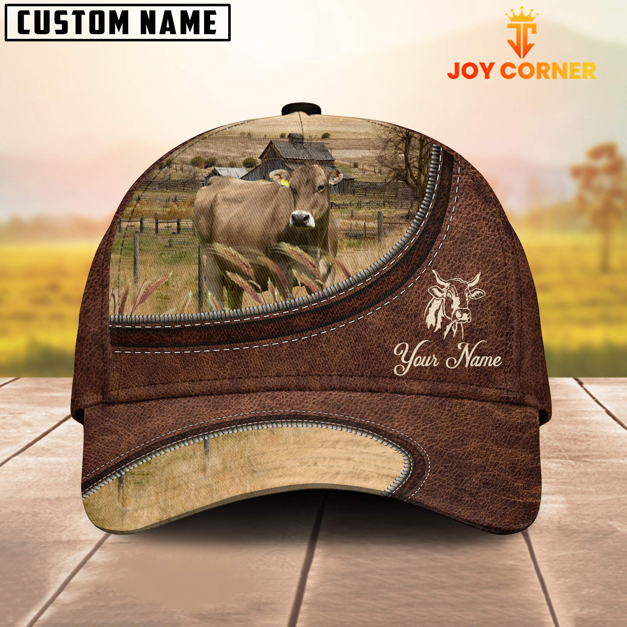 Brown Swiss On The Farm Customized Name Leather Pattern Cap
