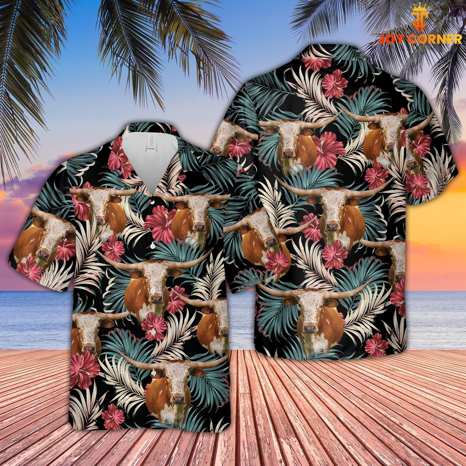 Texas Longhorn Dark Red Flowers Pattern Hawaiian Shirt
