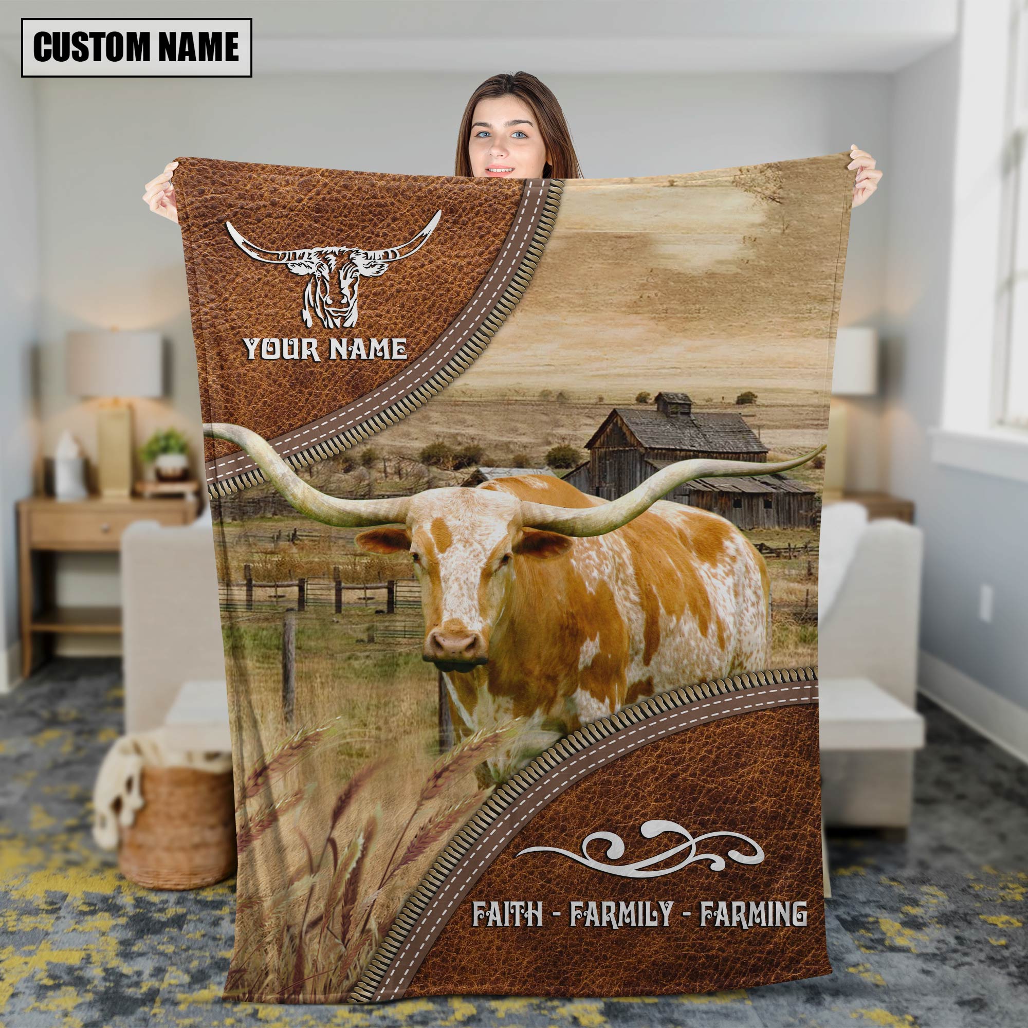 Personalized Name Texas Longhorn Faith Family Farming Blanket
