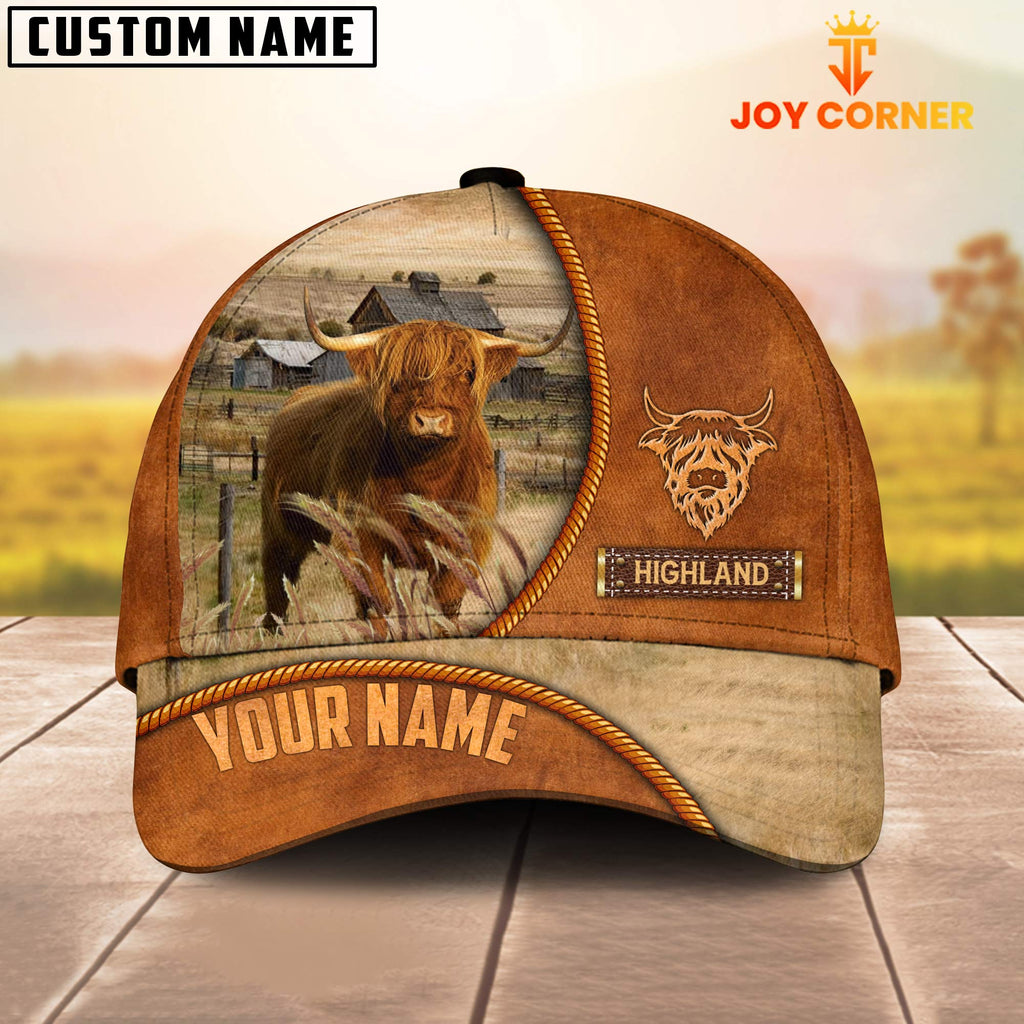 Custom Name Highland Cattle Leather Pattern Cap TT1