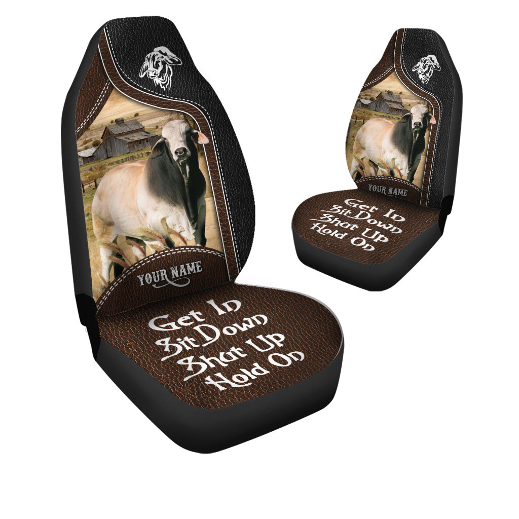 Brahman Cattle Personalized Name Black And Brown Leather Pattern Car Seat Covers Universal Fit (2Pcs)