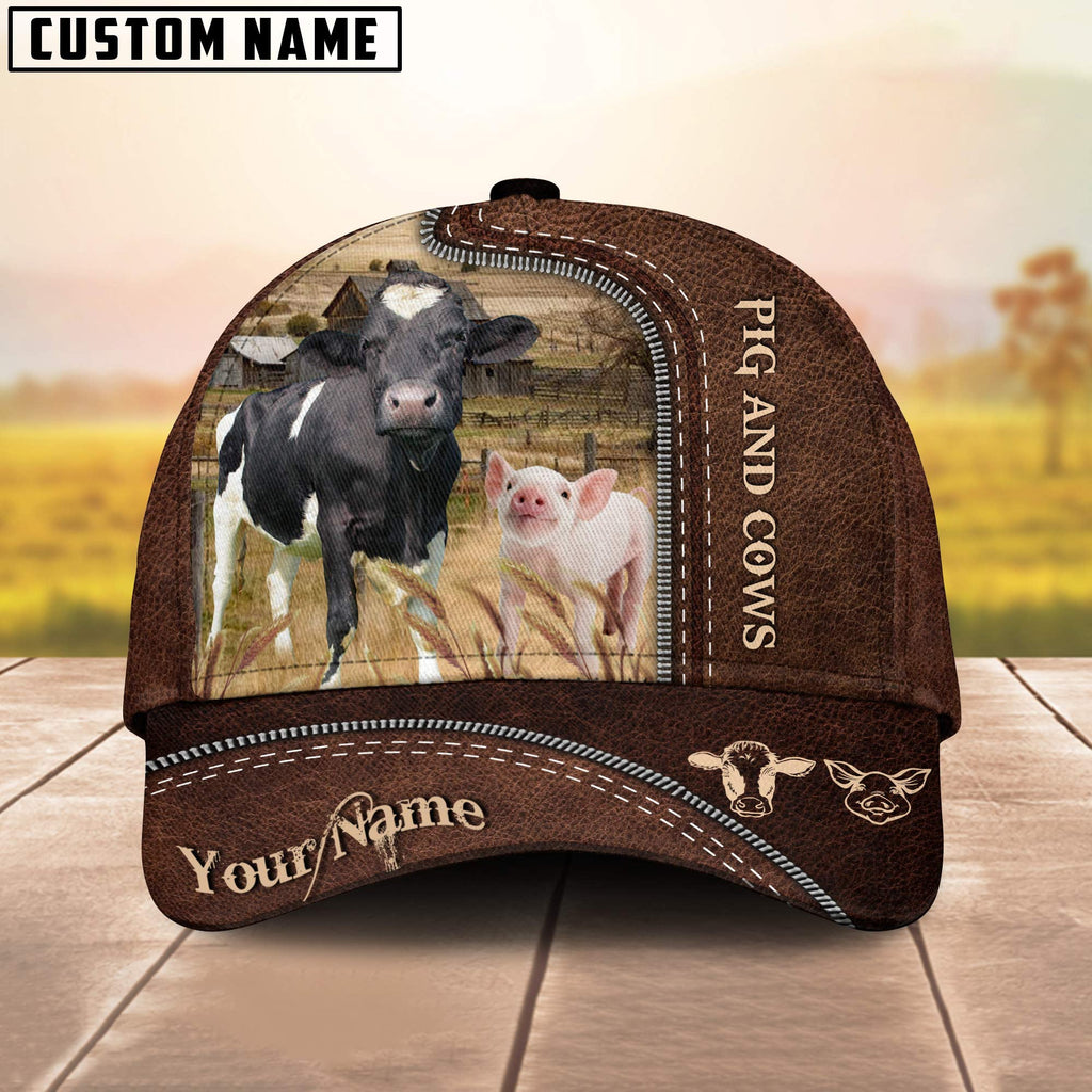 Pig and Cows Customized Name Leather Pattern Cap