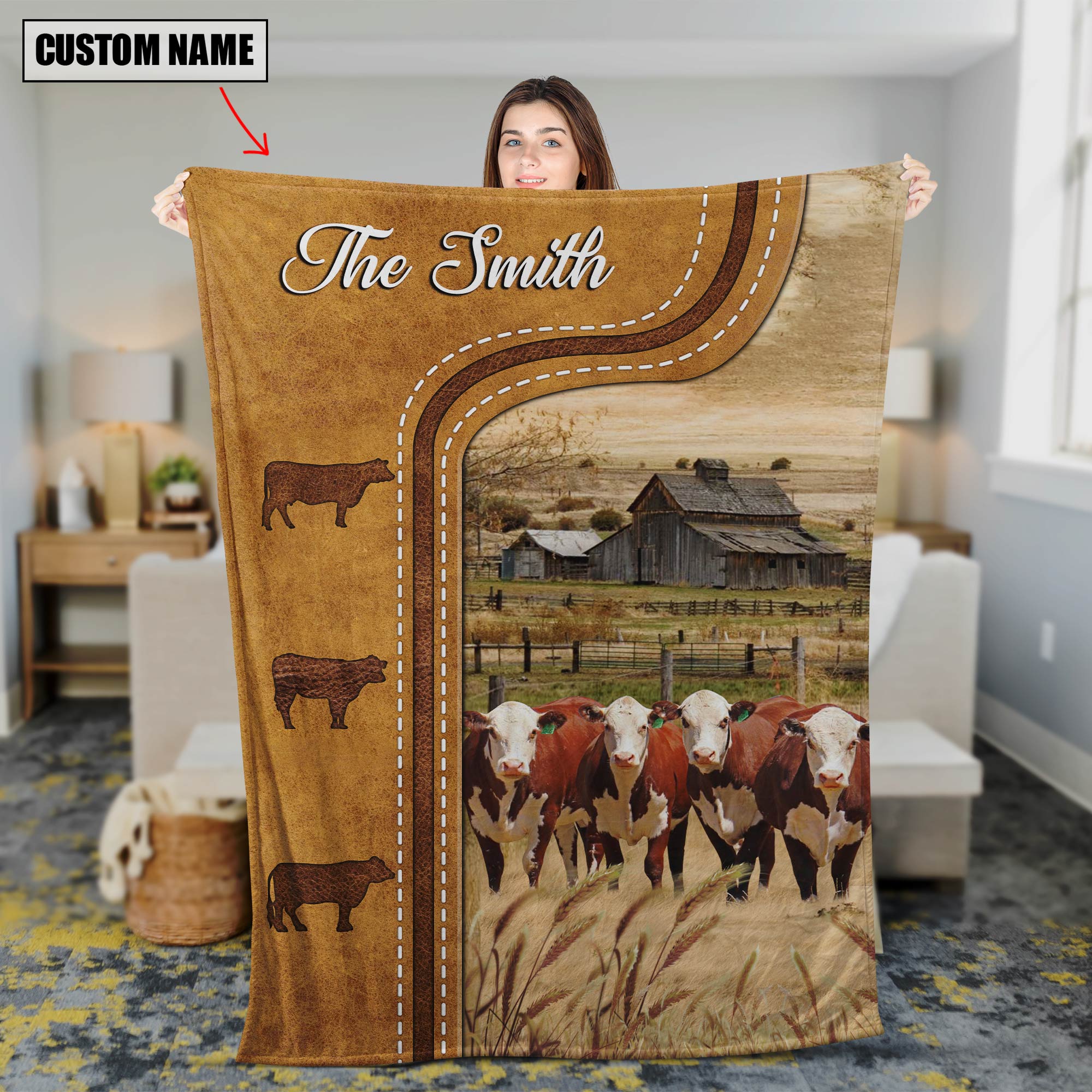 Personalized Hereford Cattle In Field Farmhouse Blanket