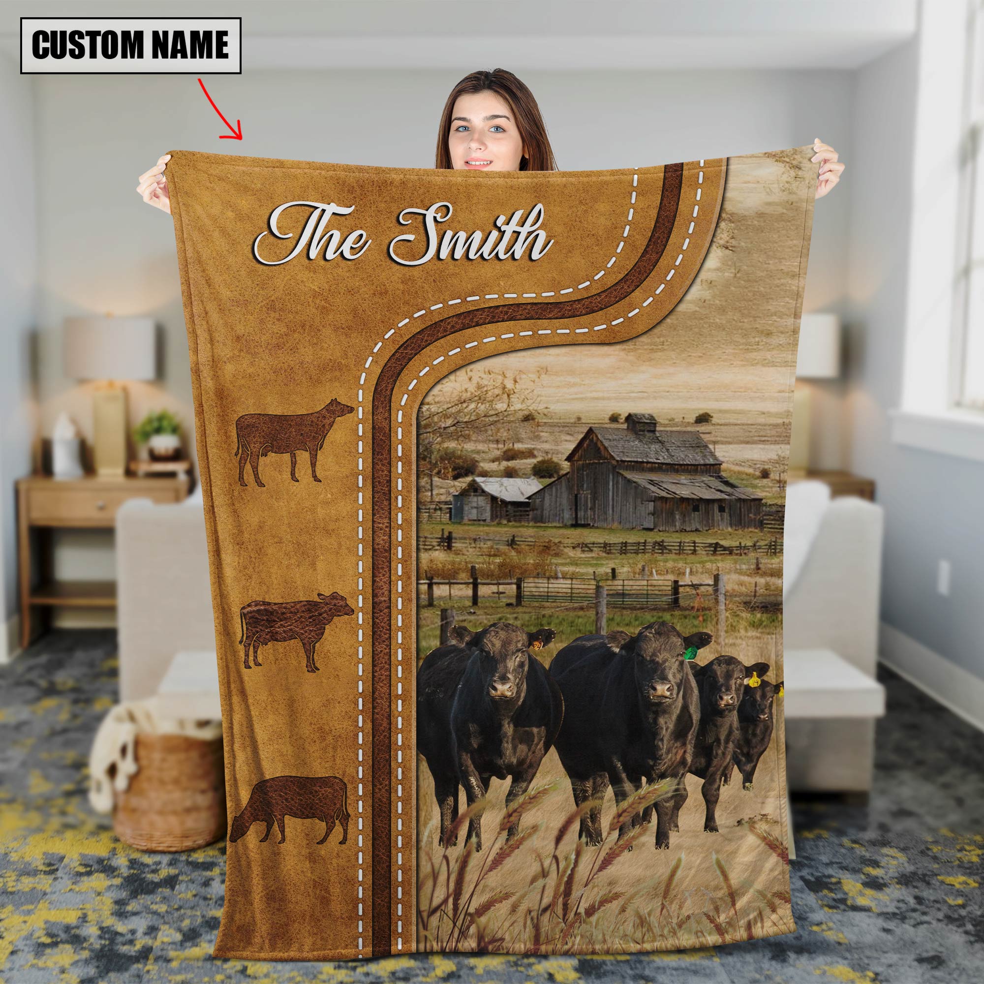 Personalized Black Angus Cattle In Field Farmhouse Blanket