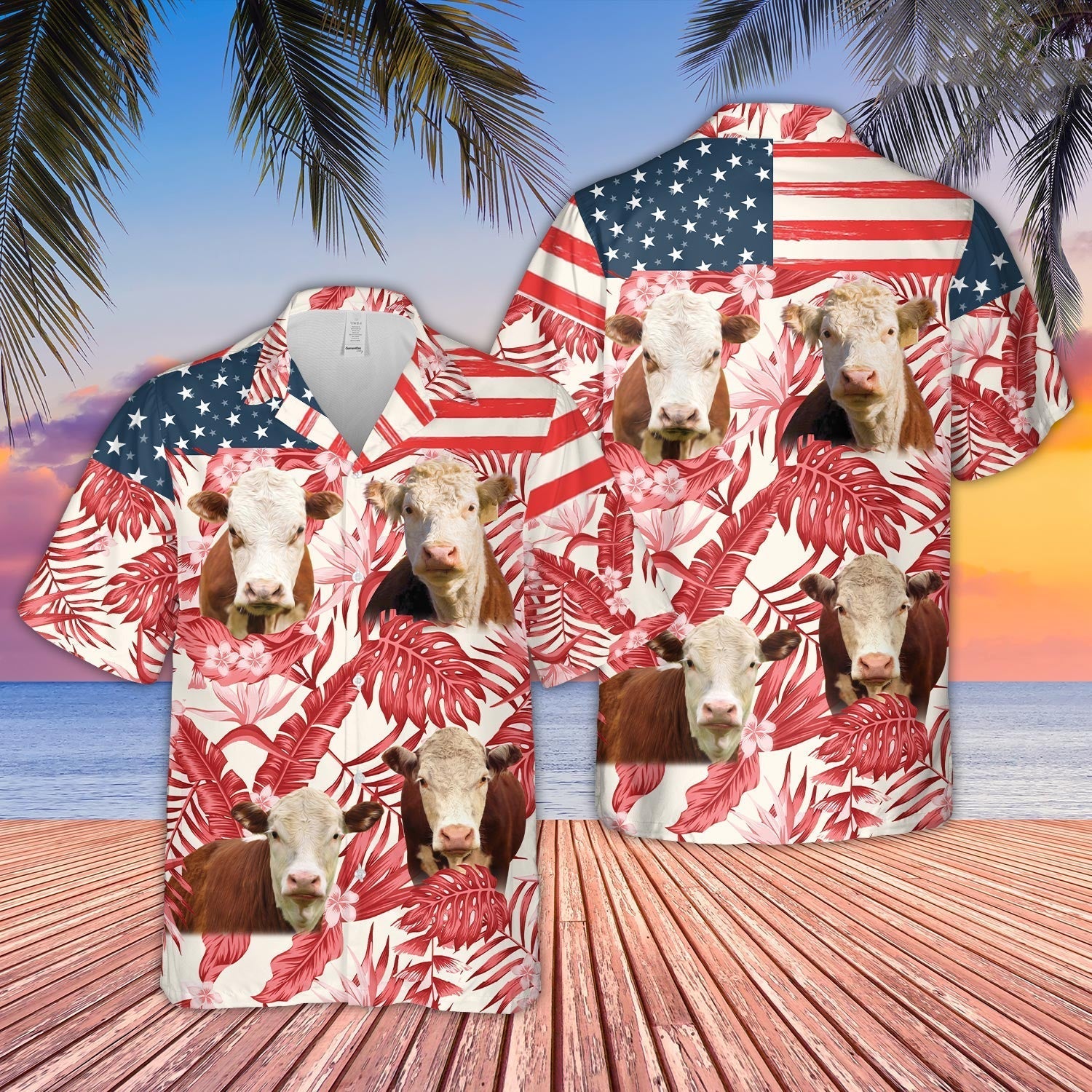 Unique Hereford Red Floral US Flag 3D Hawaiian Shirt