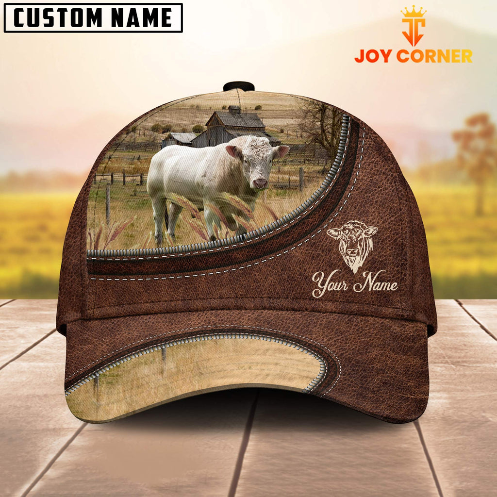 Charolais Bull On The Farm Customized Name Leather Pattern Cap