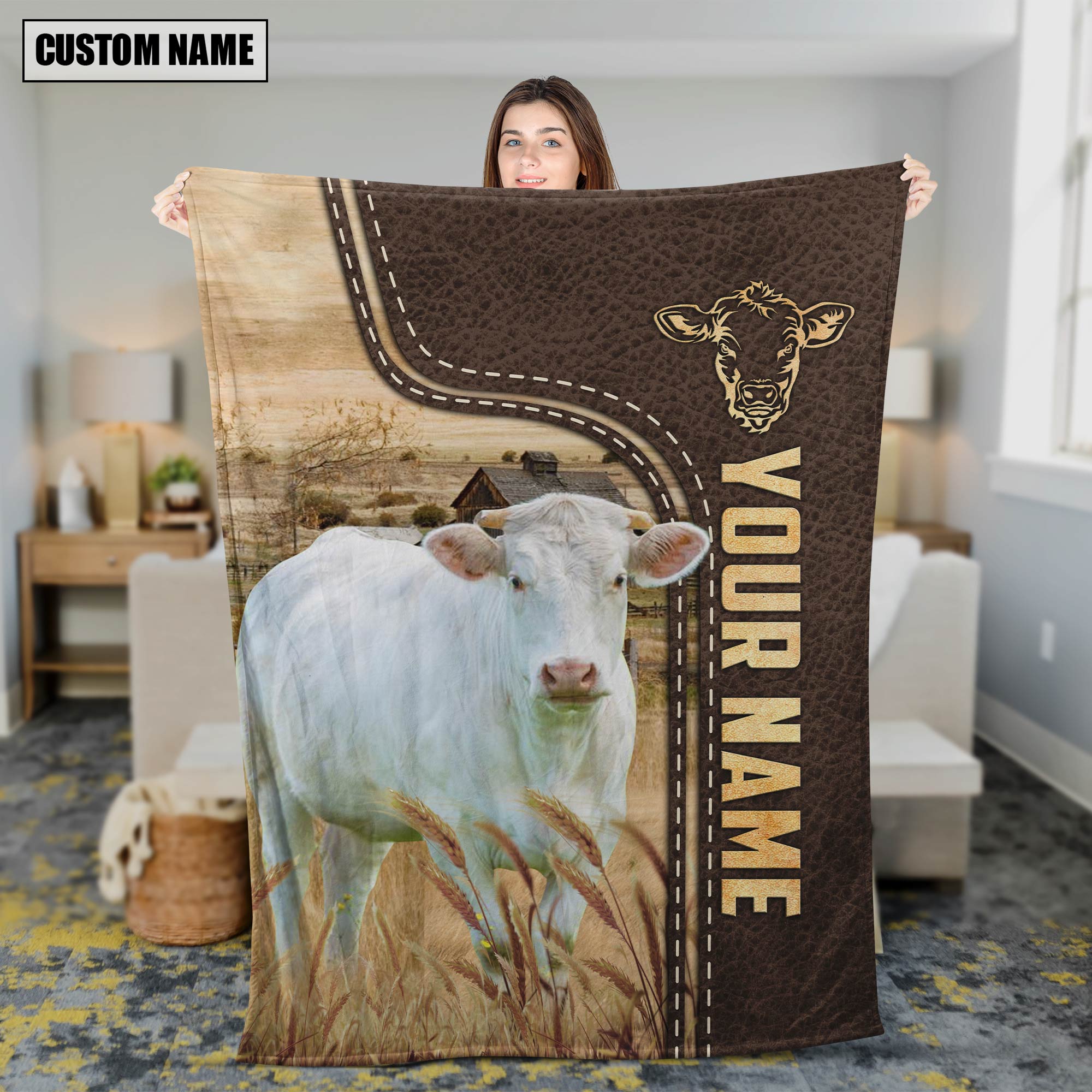 Personalized Name Charolais Leather Pattern Blanket