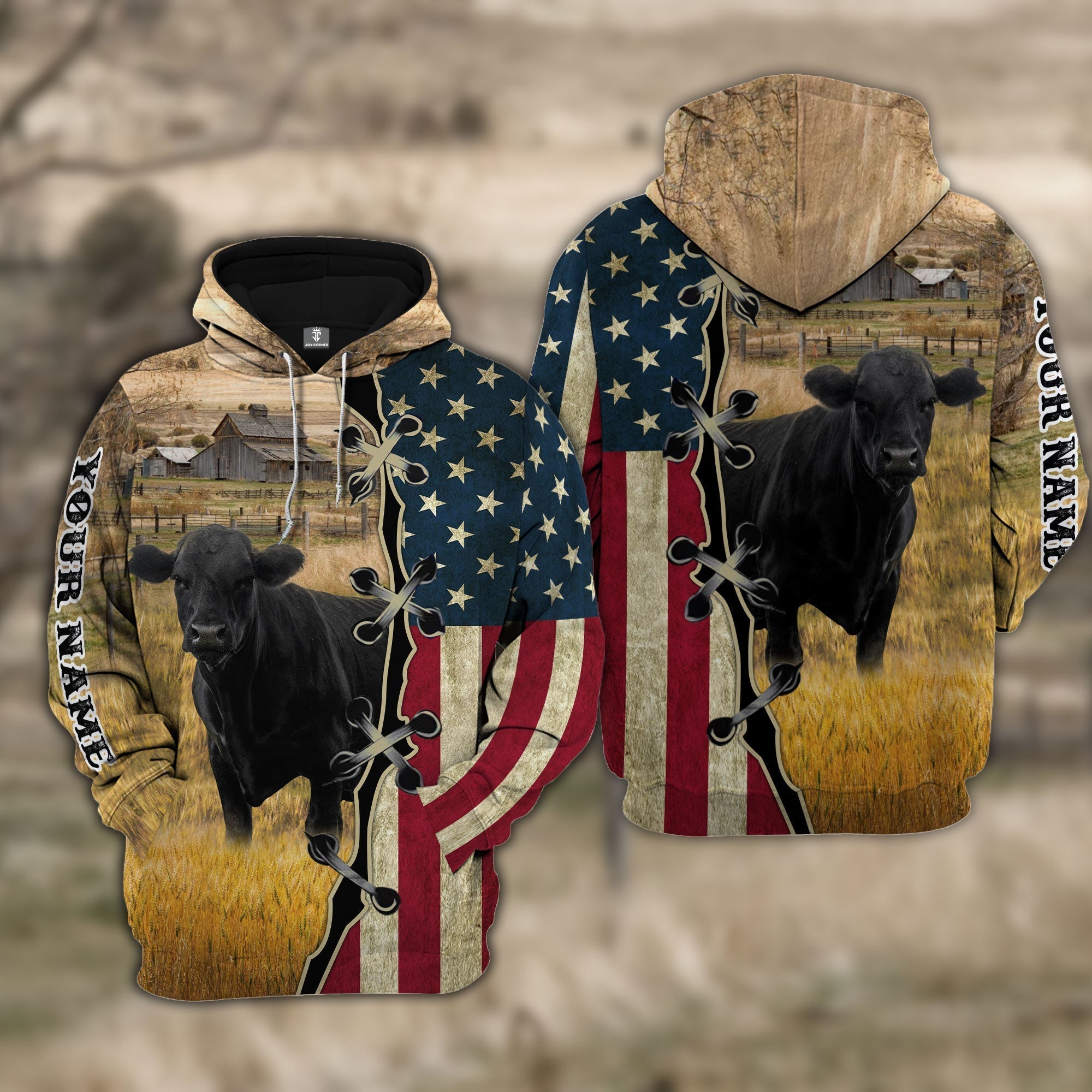 Custom Name Black Angus Cattle American Flag 3D Shirt