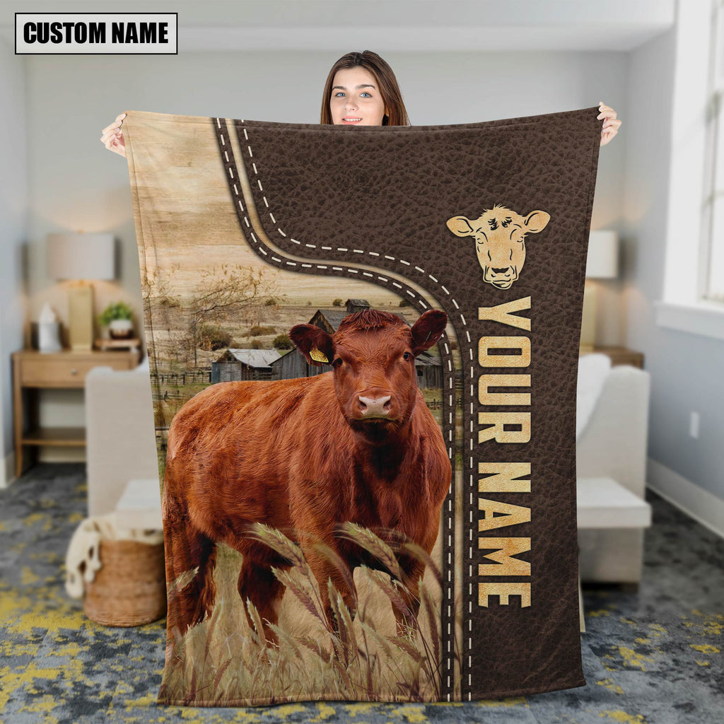 Personalized Name Red Angus Leather Pattern Blanket