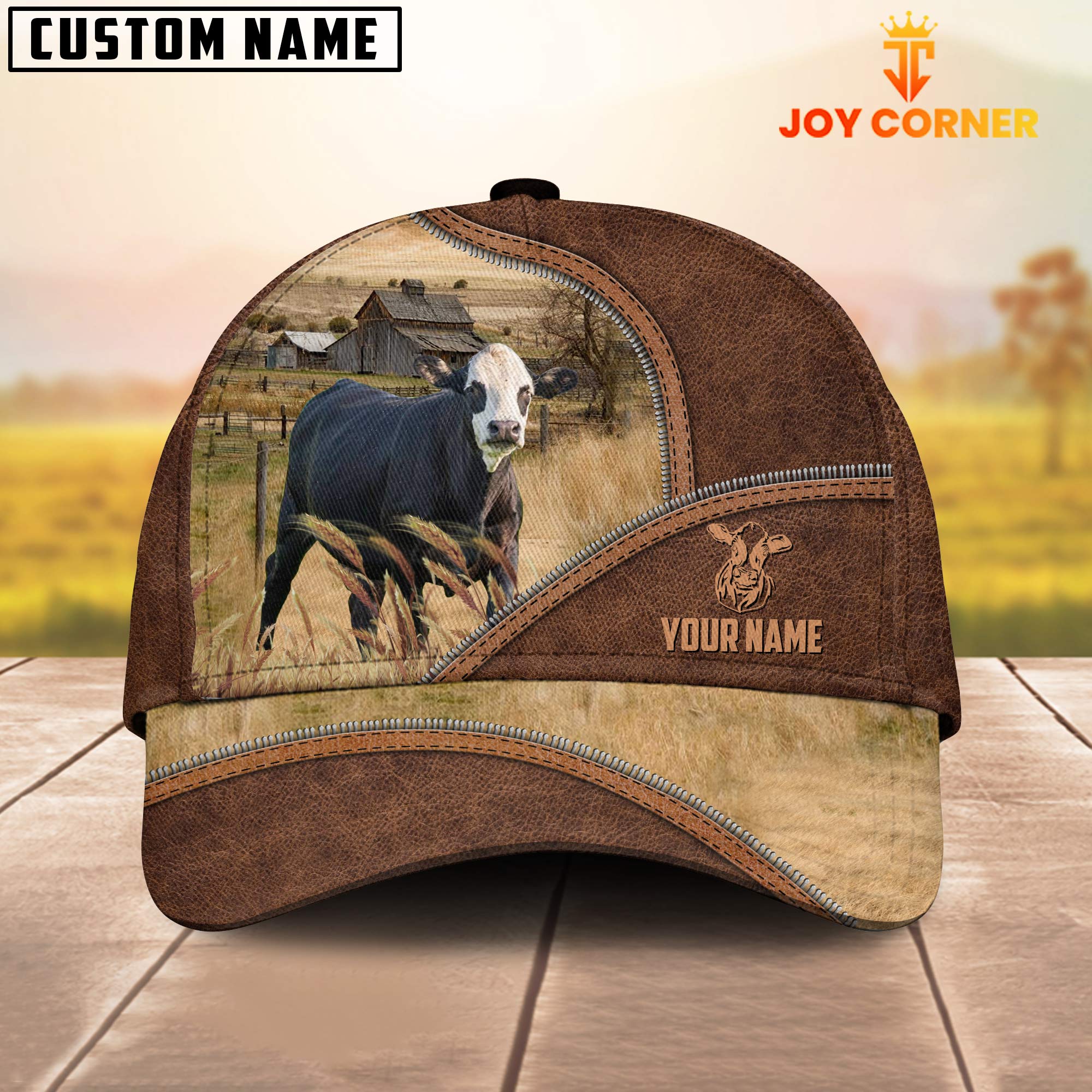 Black Baldy Zipper Leather Pattern Customized Name Cap