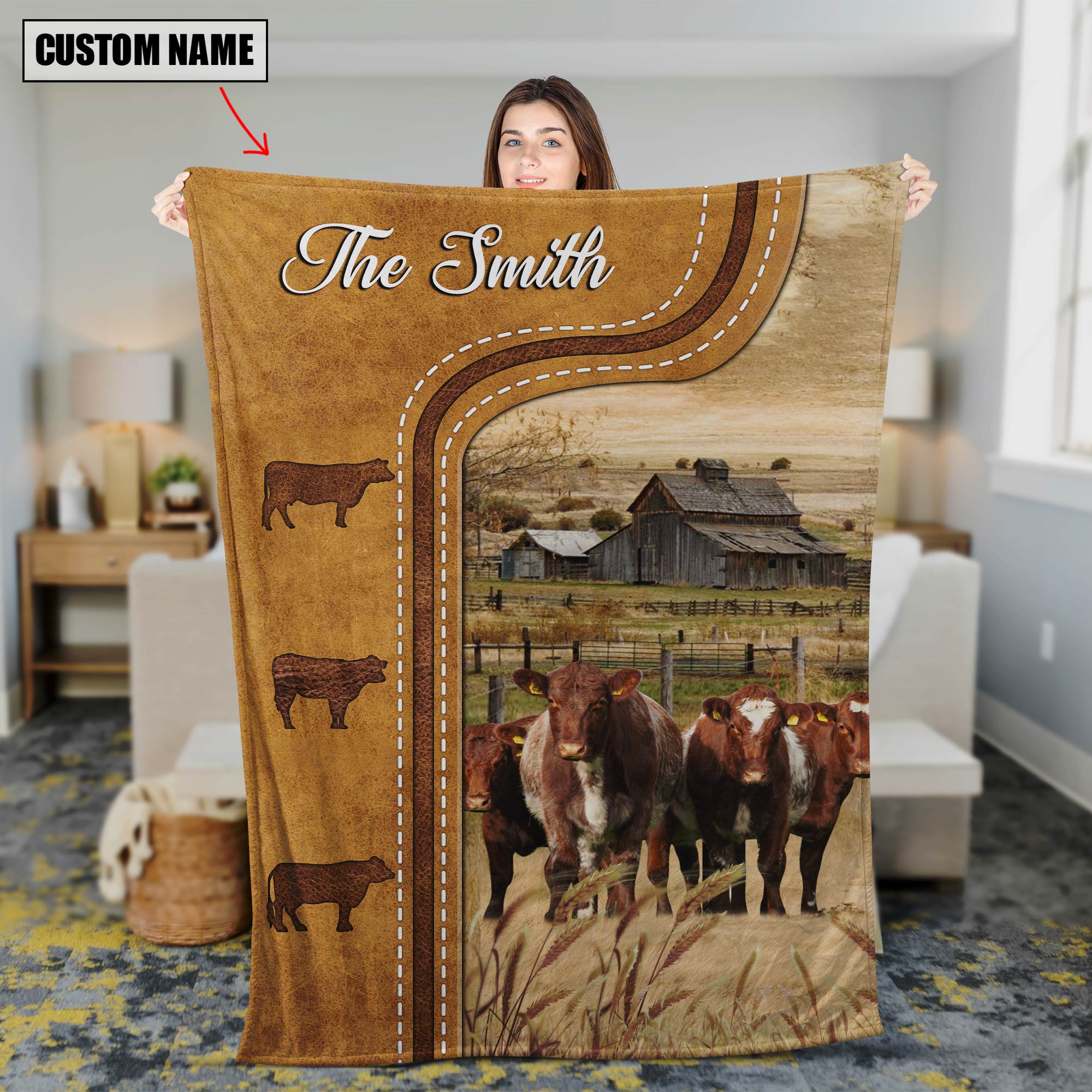 Personalized Shorthorn Cattle In Field Farmhouse Blanket