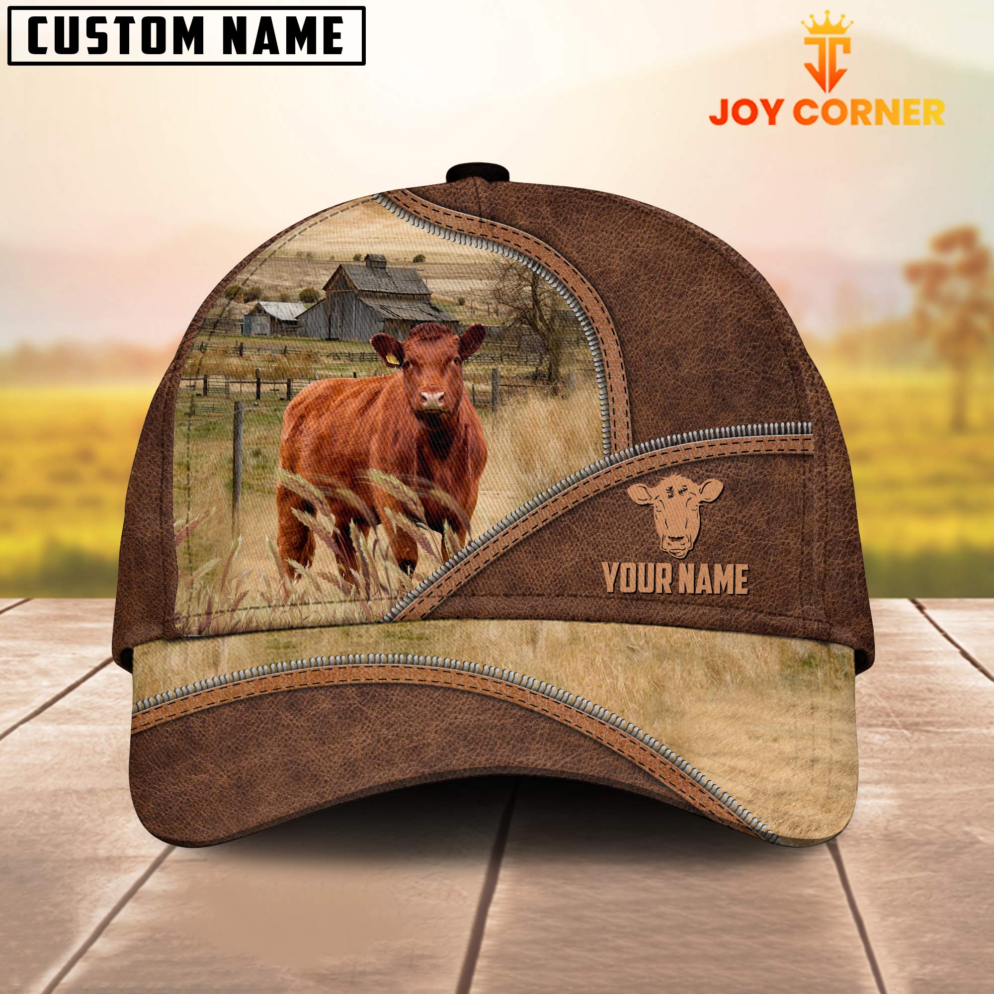 Red Angus Zipper Leather Pattern Customized Name Cap