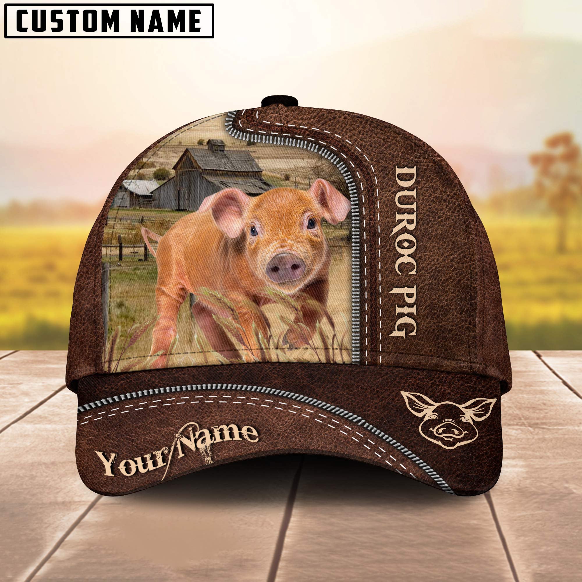 Pig Brownie Customized Name Leather Pattern Cap