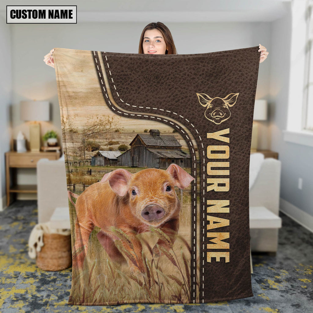 Personalized Name Pig Brown Leather Pattern Blanket