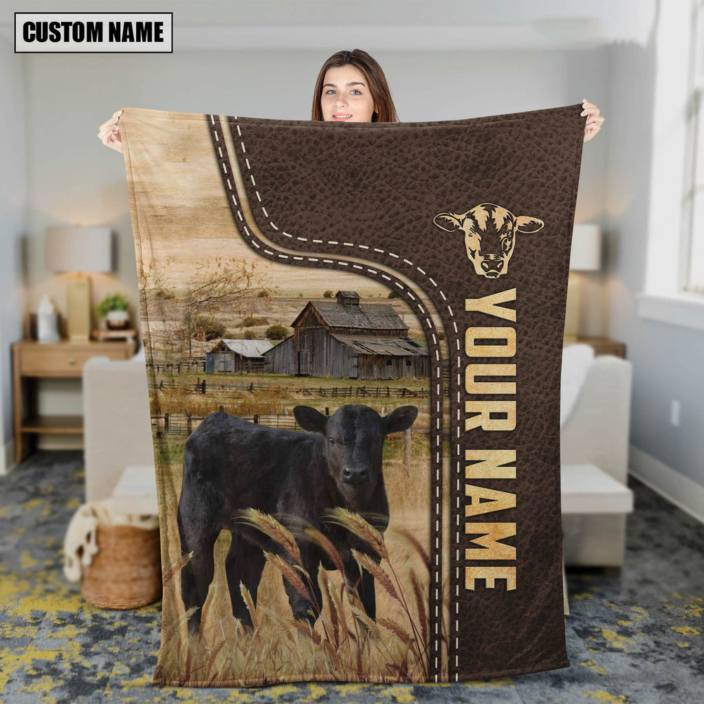 Personalized Name Black Angus 2 Leather Pattern Blanket