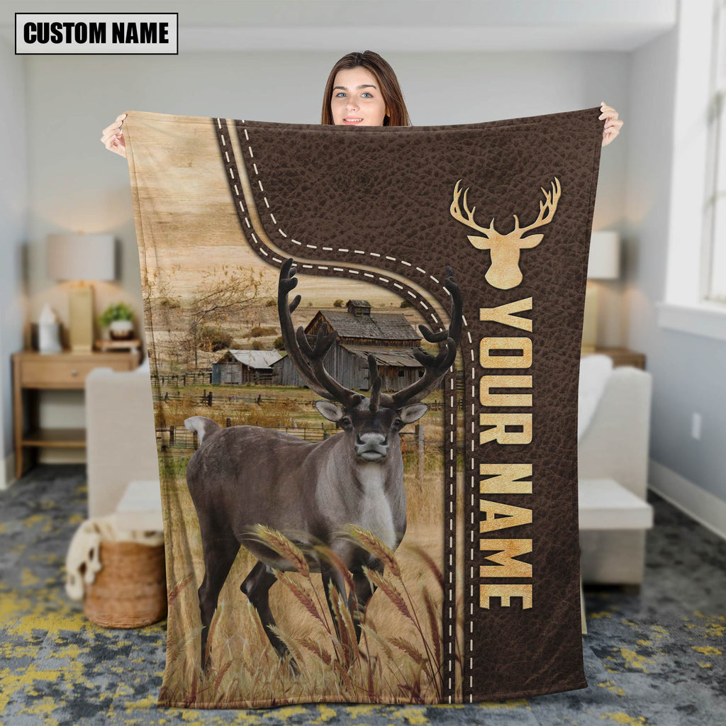 Personalized Name Reindeer Leather Pattern Blanket