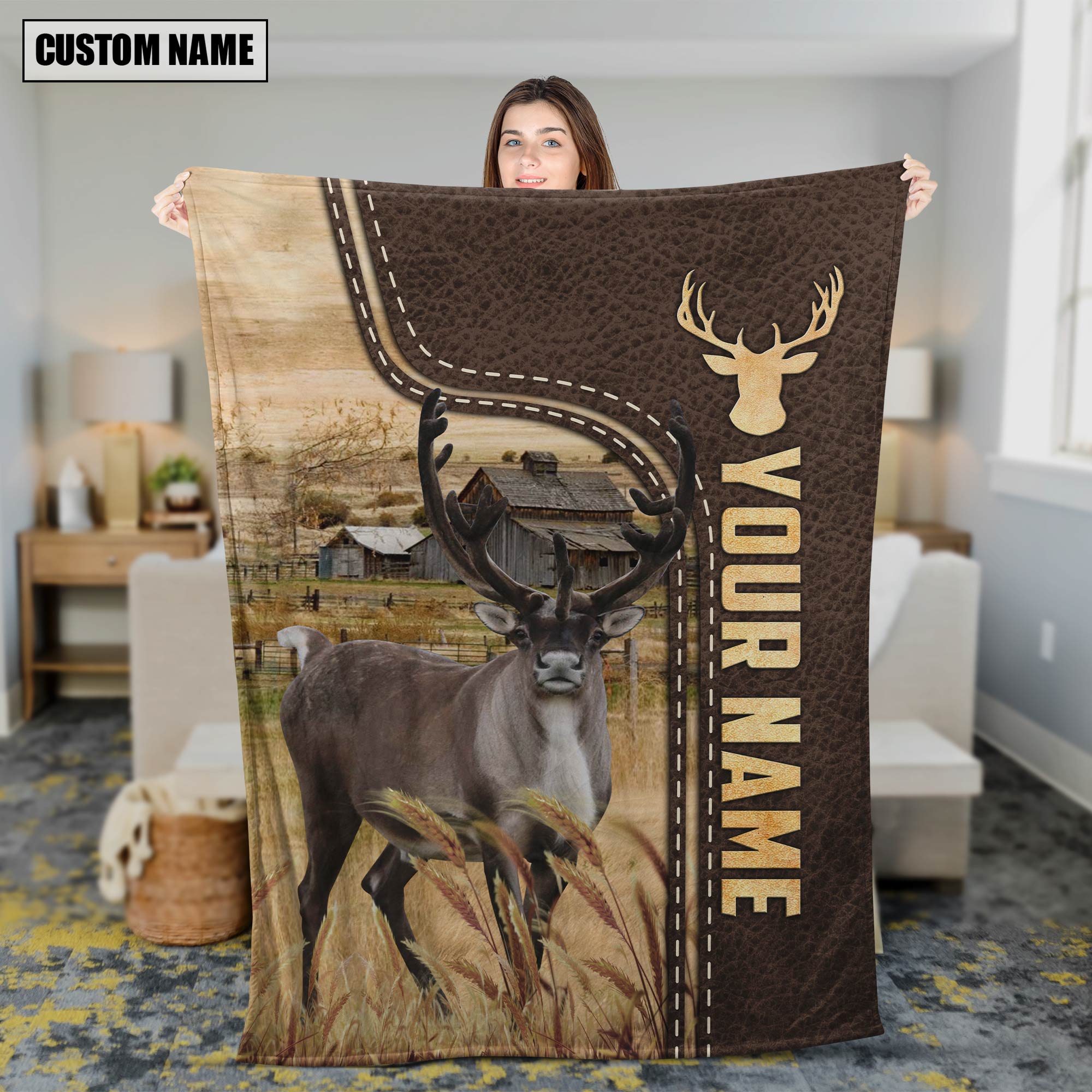 Personalized Name Reindeer Leather Pattern Blanket