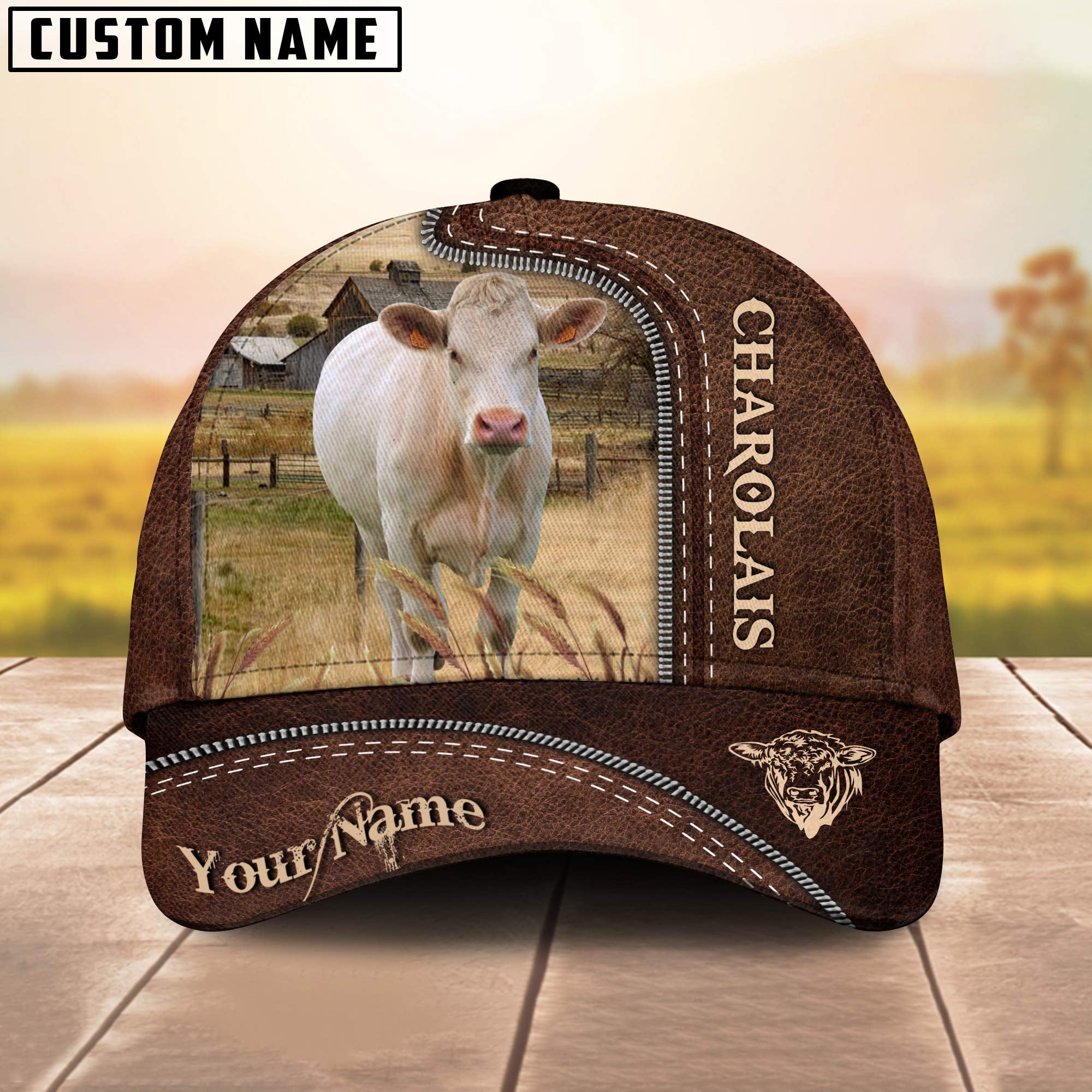 Charolais No Horn Customized Name Leather Pattern Cap