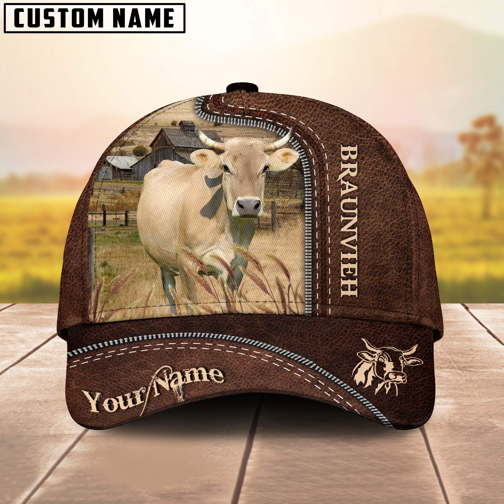 Braunvieh Customized Name Leather Pattern Cap