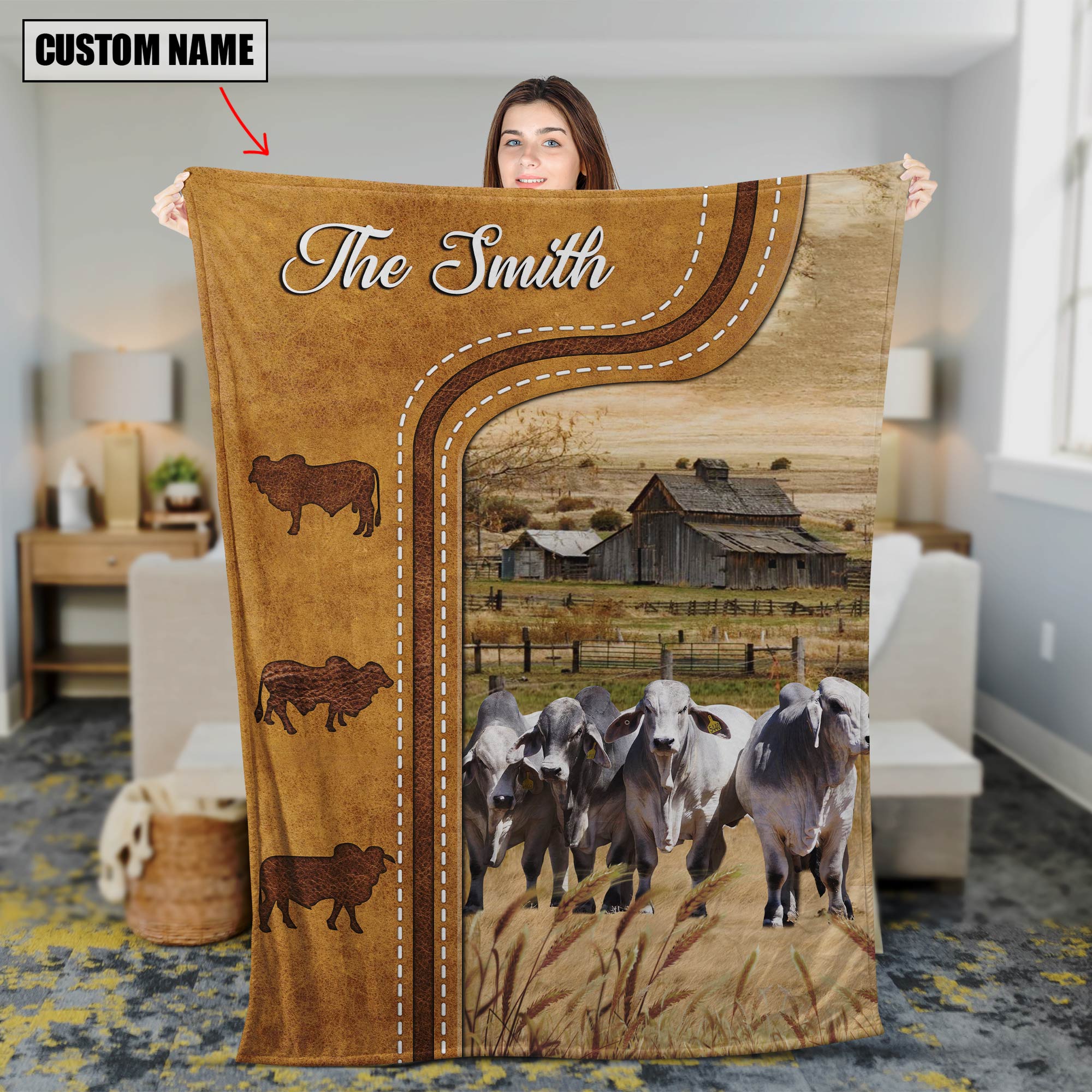 Personalized Brahman Cattle In Field Farmhouse Blanket