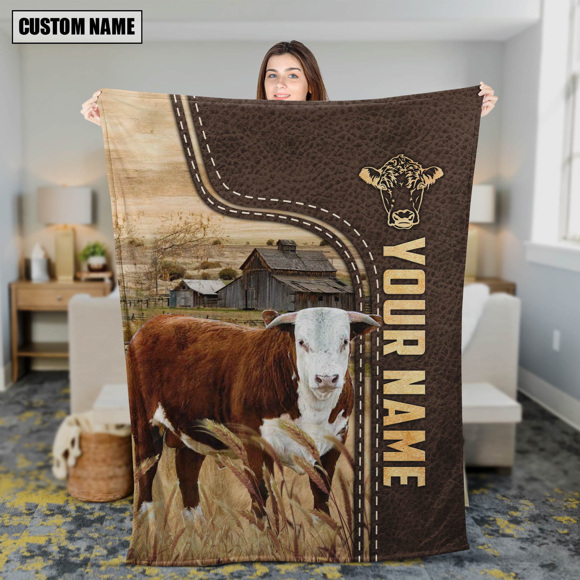 Personalized Name Horn Hereford Leather Pattern Blanket