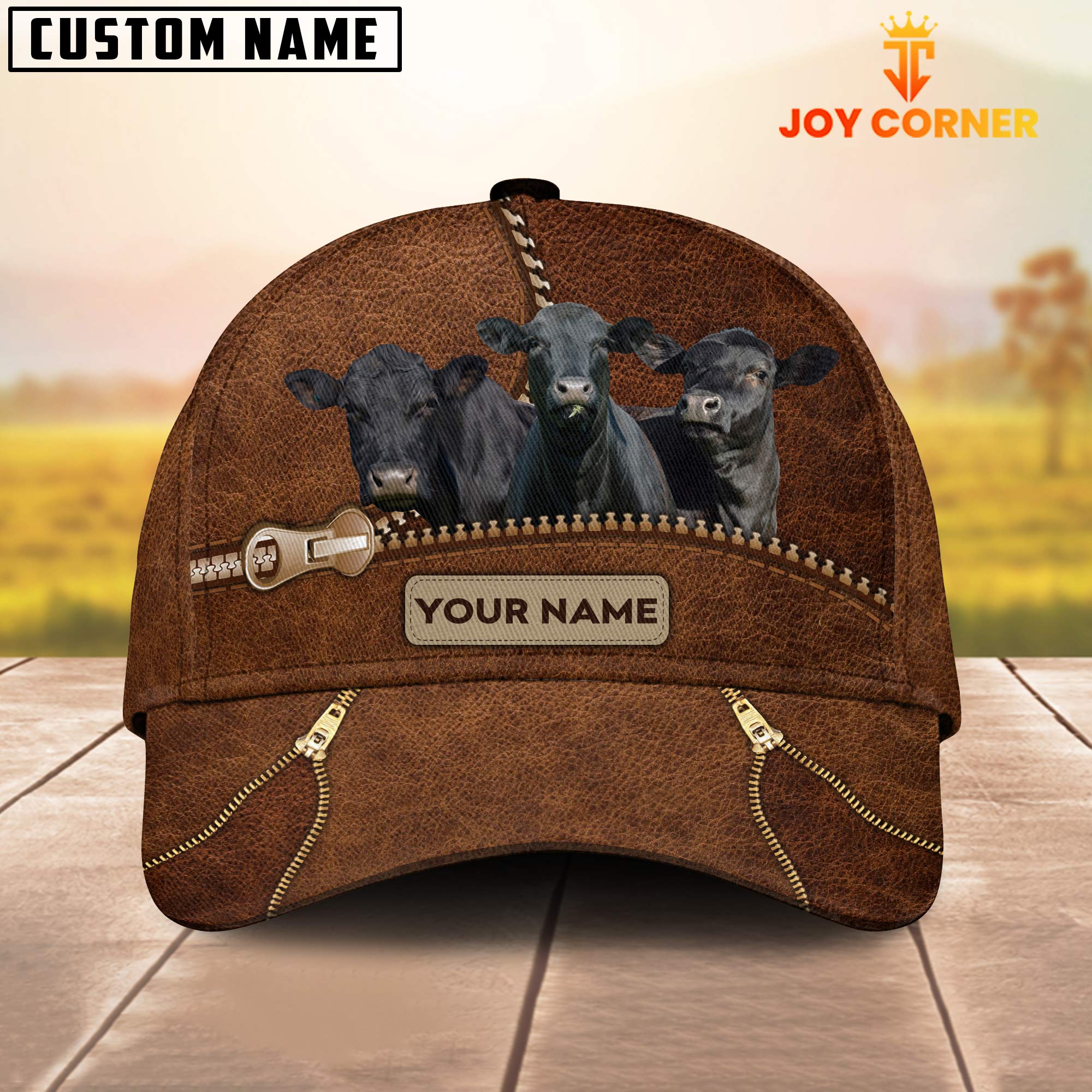 Black Angus Cattle Zipper Pattern Customized Name Cap