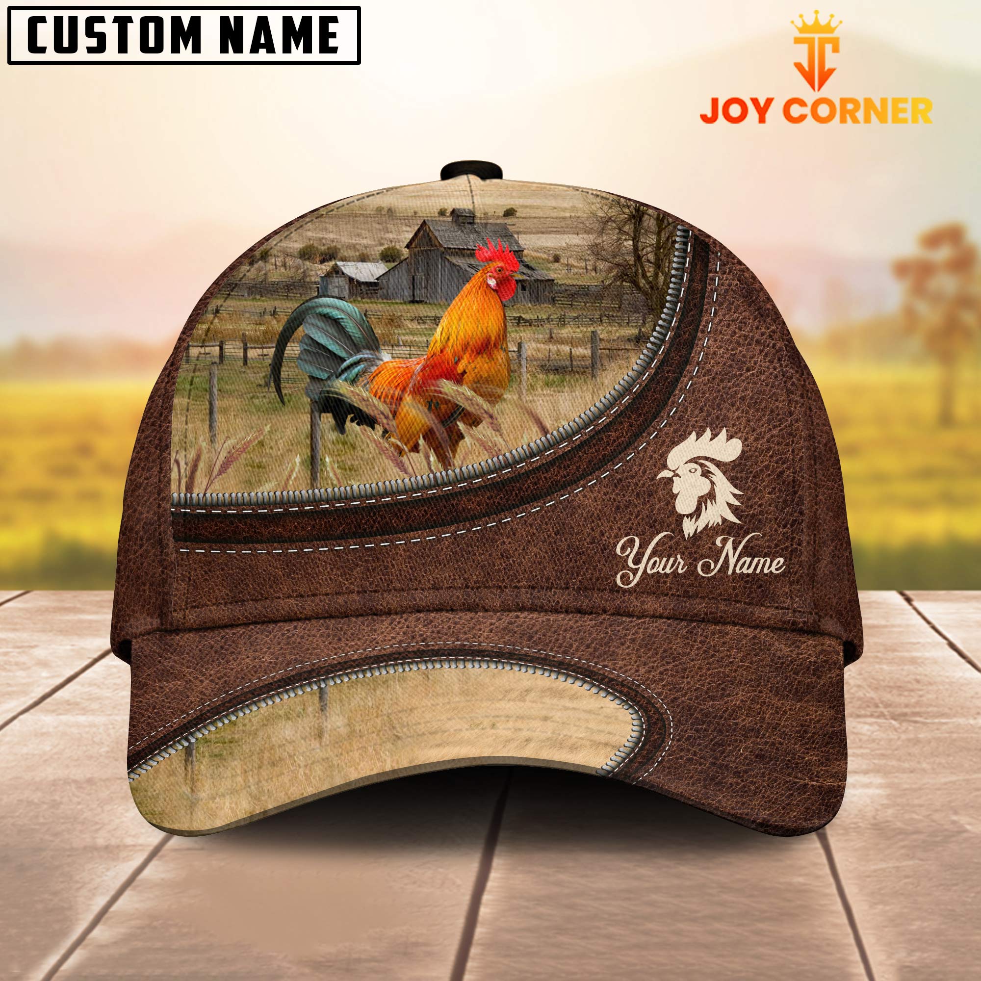 Rooster Chicken On The Farm Customized Name Leather Pattern Cap