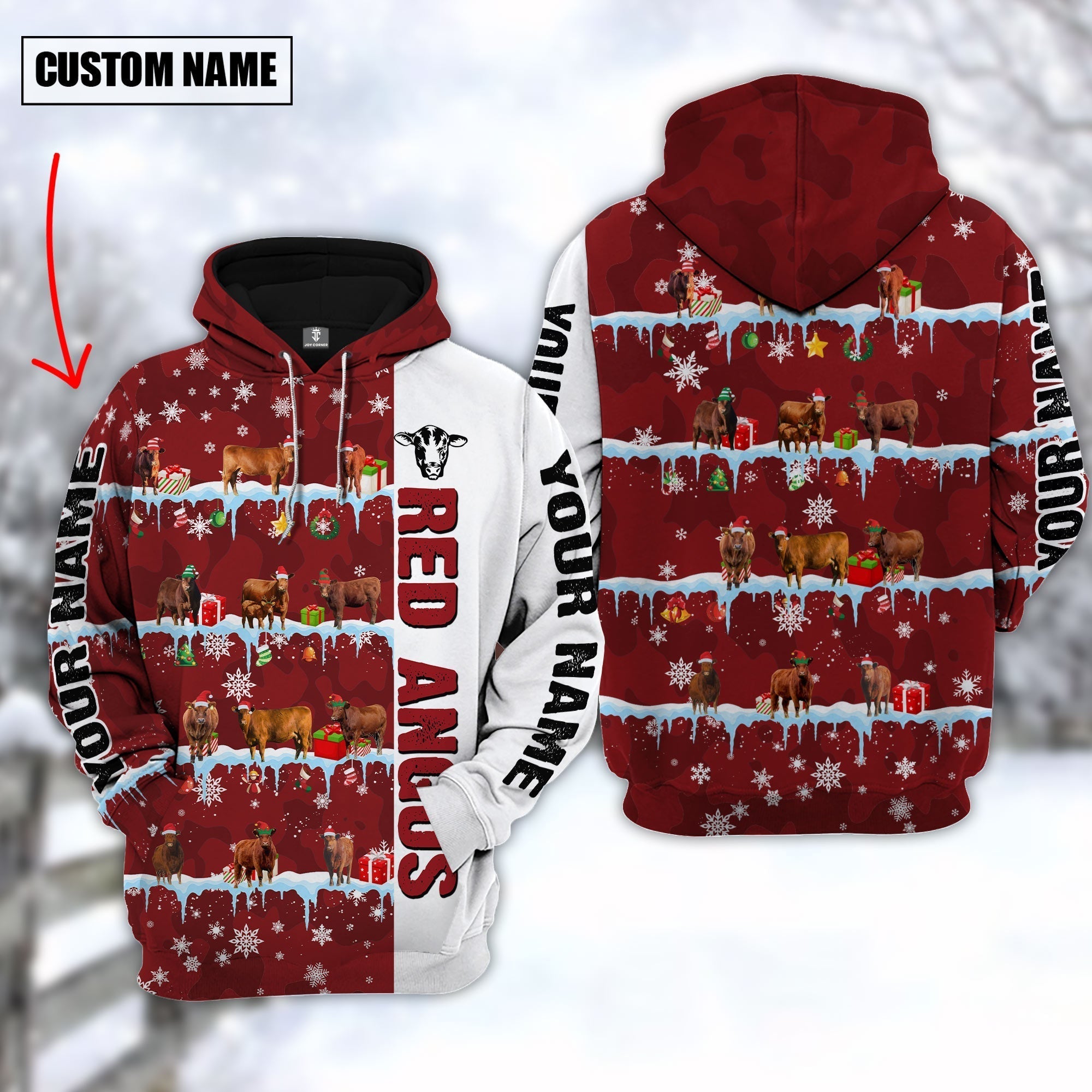 Personalized Name Red Angus Cattle Christmas 3D Hoodie