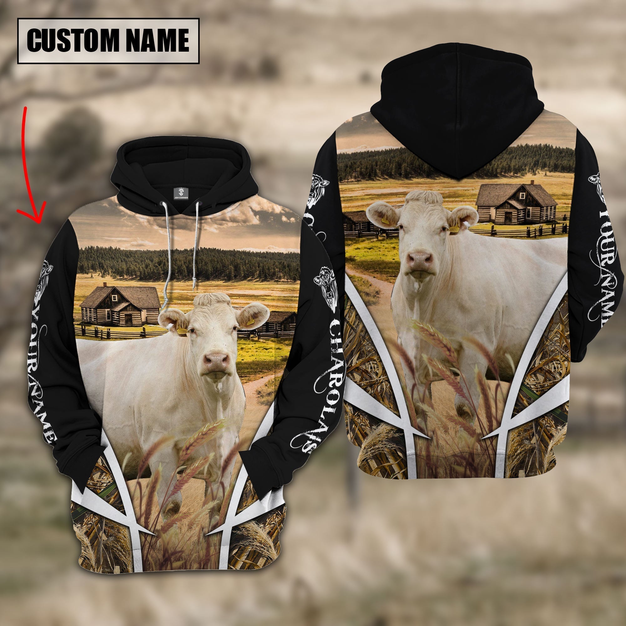 Charolais No Horns Custom Name Meadow Pattern Black Hoodie