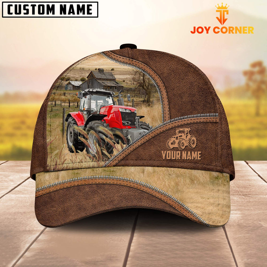 Red Tractor Zipper Leather Pattern Customized Name Cap
