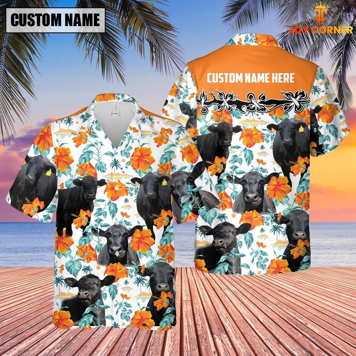 Unique Black Angus Hibiscus Floral Custom Name 3D Hawaiian Shirt
