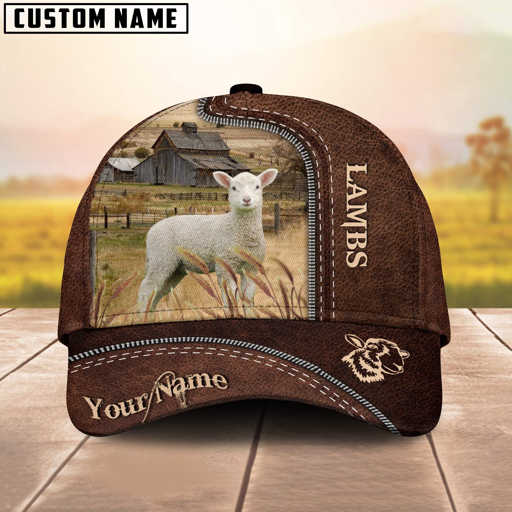 Lambs Customized Name Leather Pattern Cap