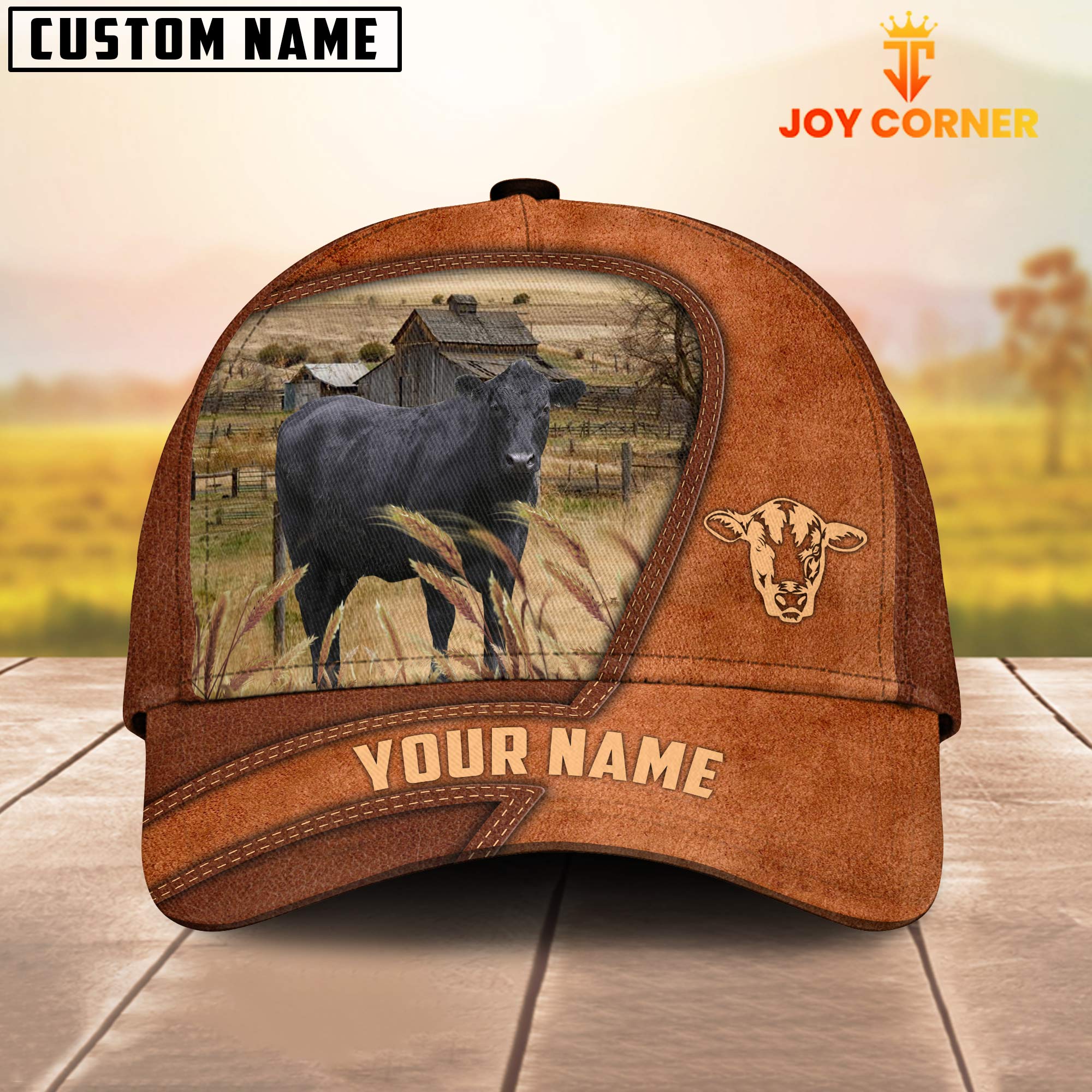 Black Angus Customized Name Brown Leather Pattern Cap