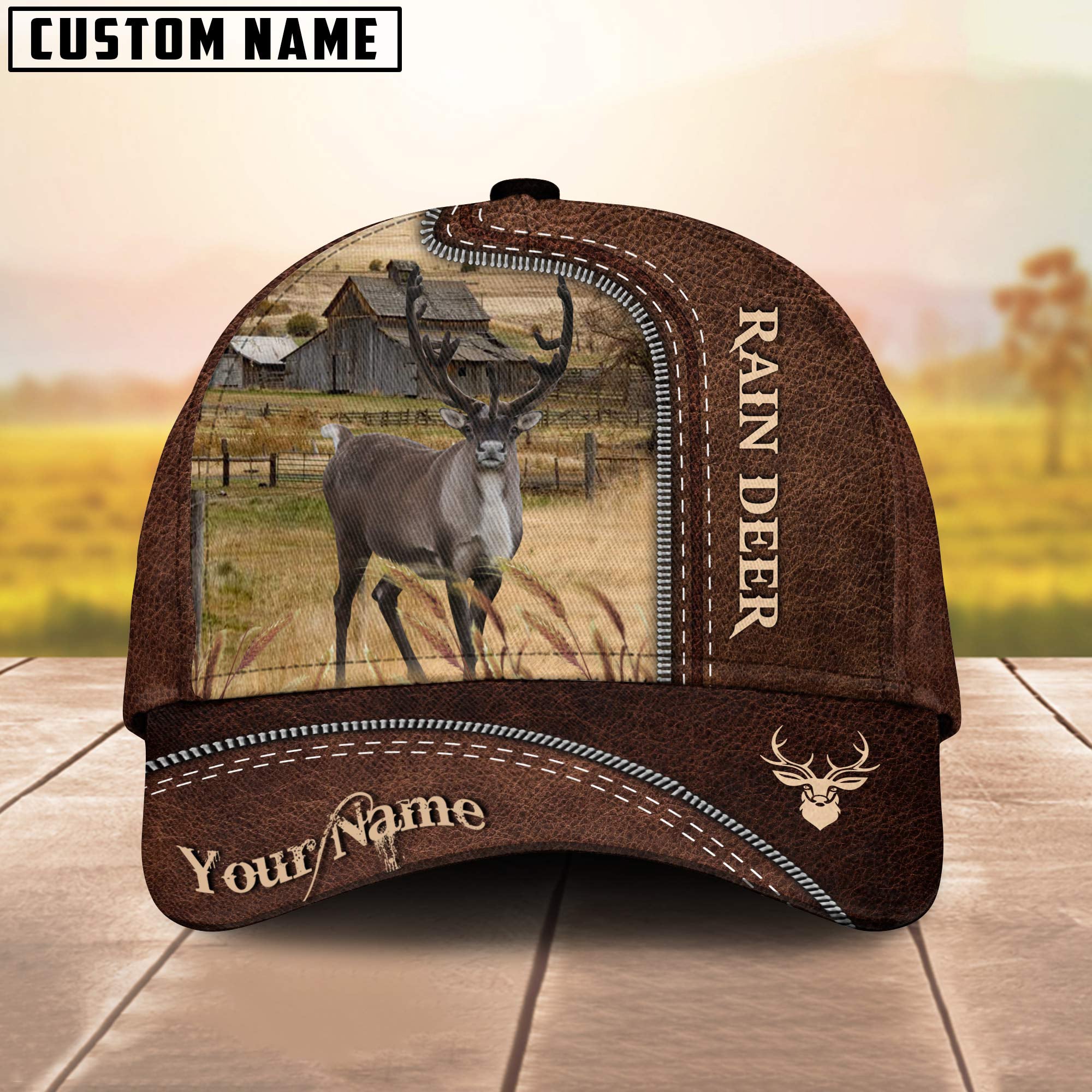 Rain Deer Customized Name Leather Pattern Cap