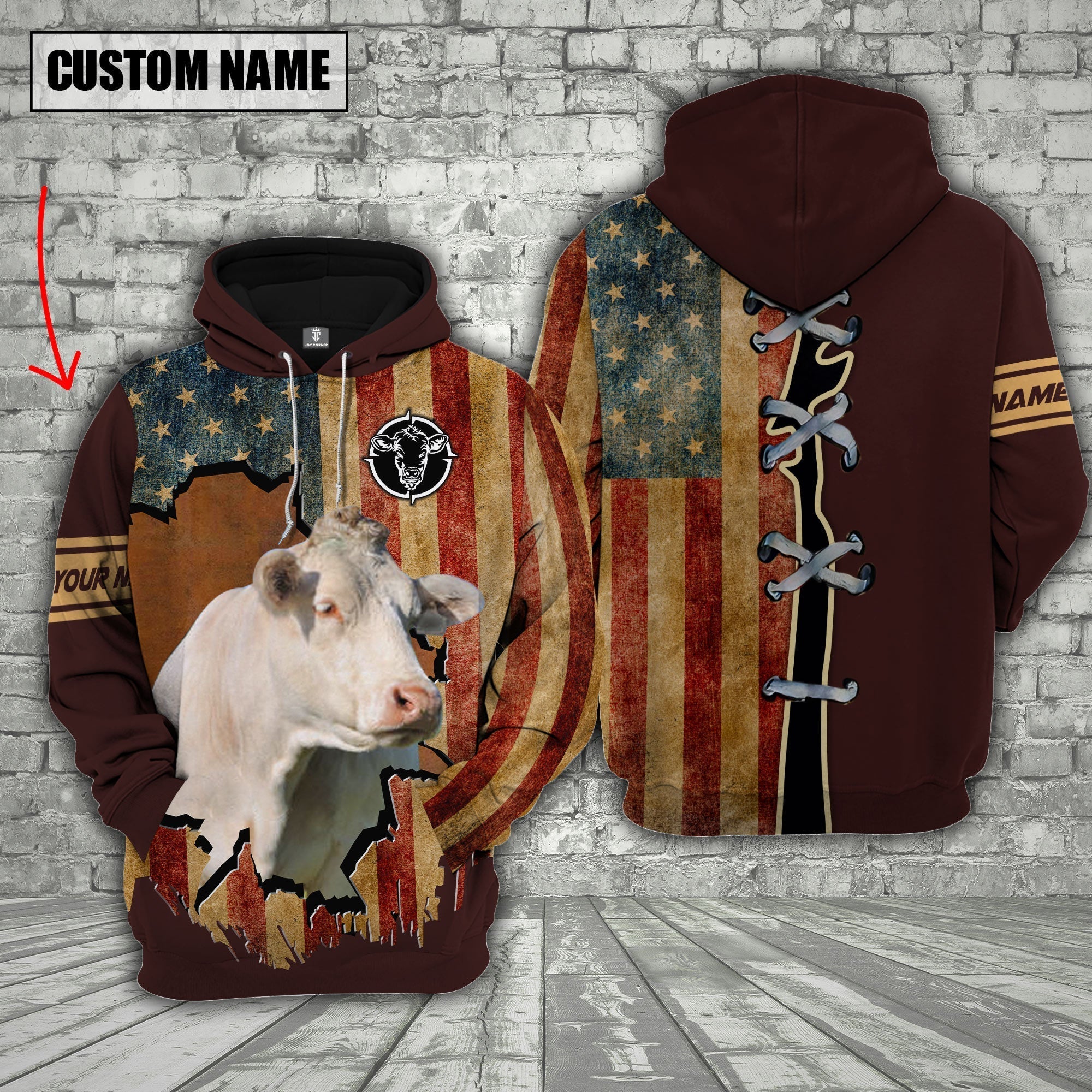 Charolais US Flag Retro Personalized 3D Hoodie