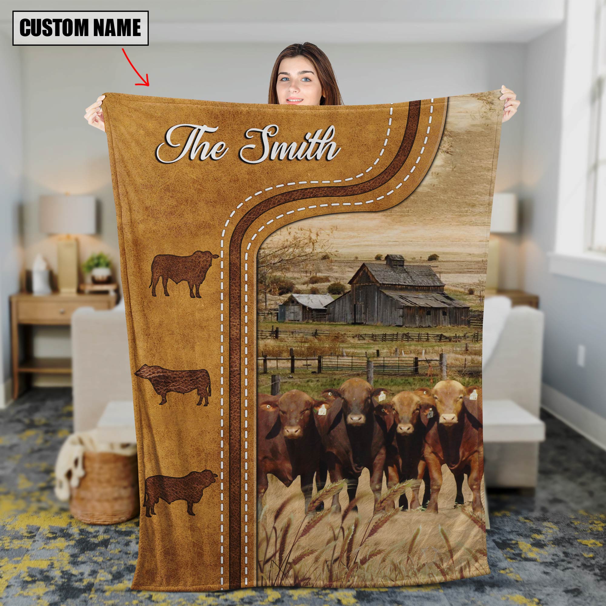 Personalized Beefmaster Cattle In Field Farmhouse Blanket