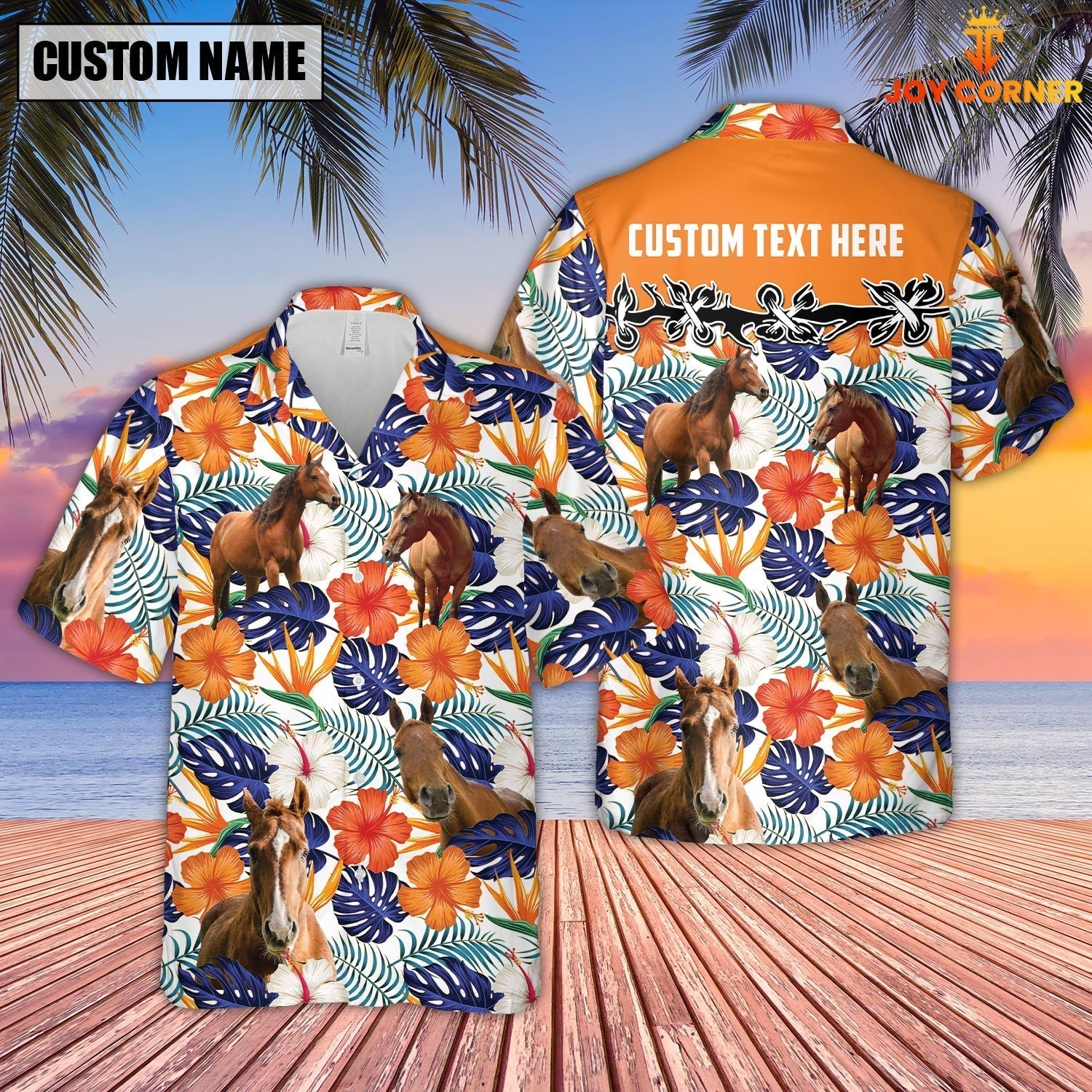 Unique Horse Hibiscus Blue Floral Custom Name 3D Hawaiian Shirt