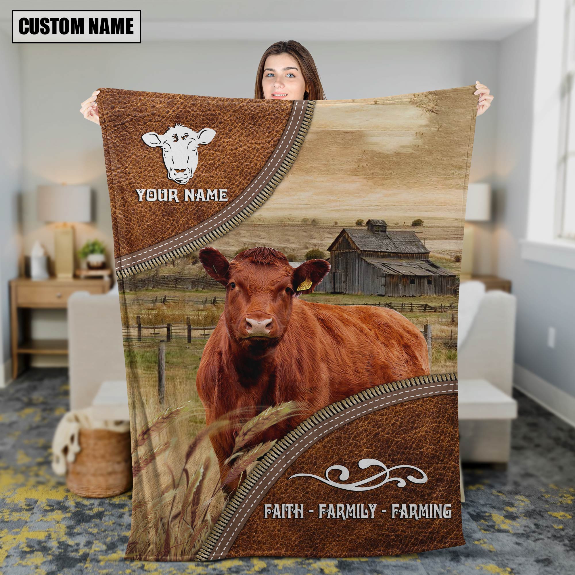 Personalized Name Red Angus Faith Family Farming Blanket