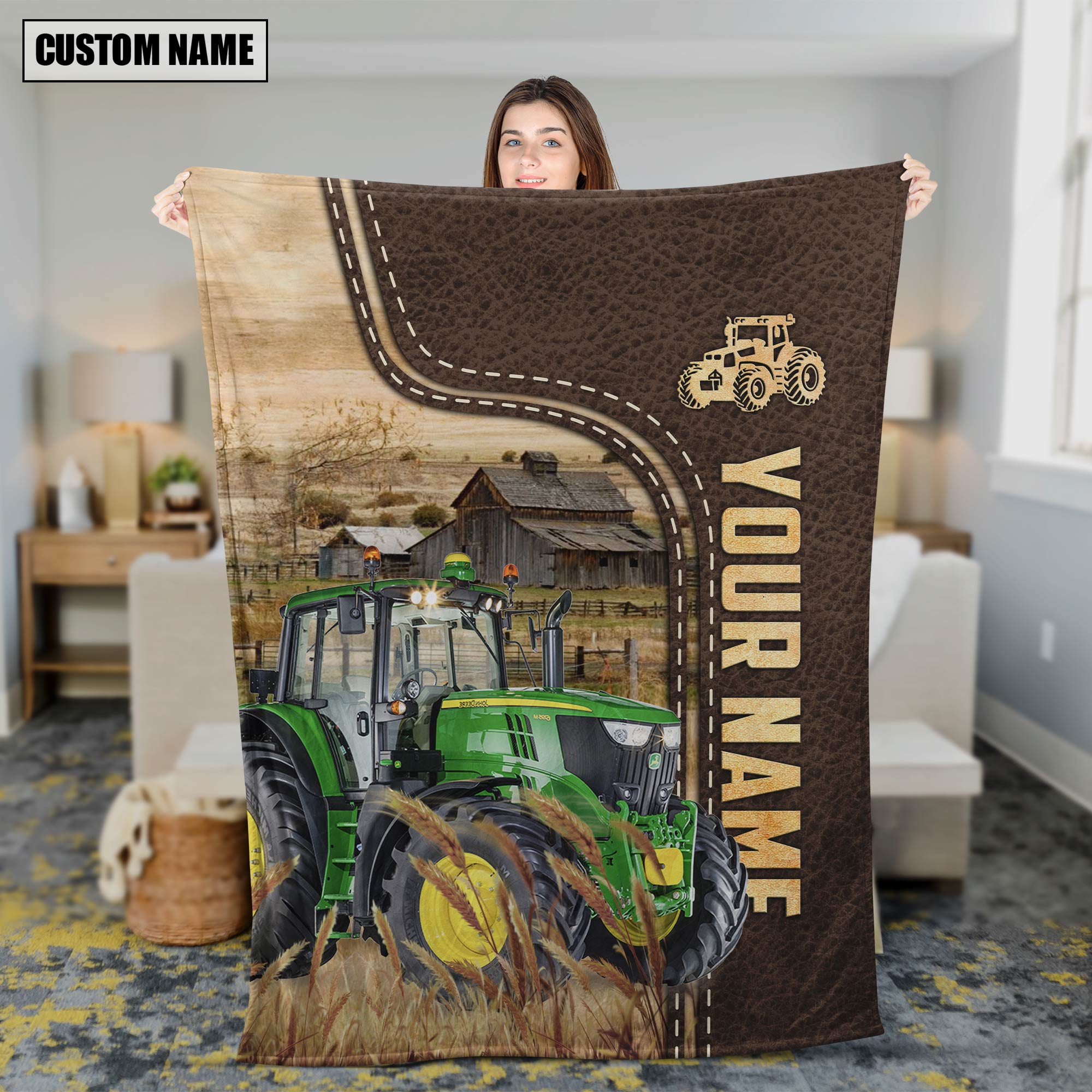 Personalized Name Farm Tractors Leather Pattern Blanket