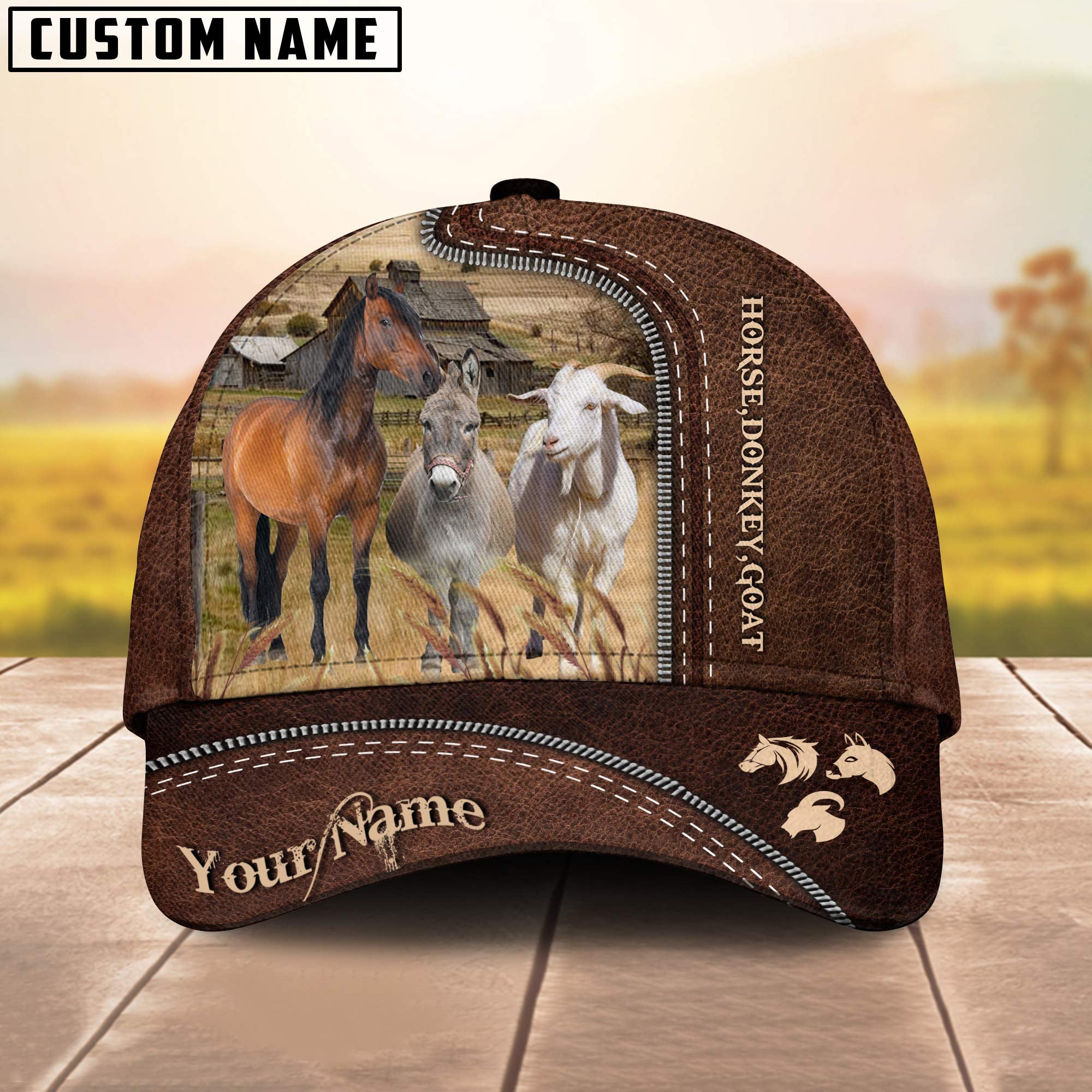 Horse, Donkey and Goat Customized Name Leather Pattern Cap