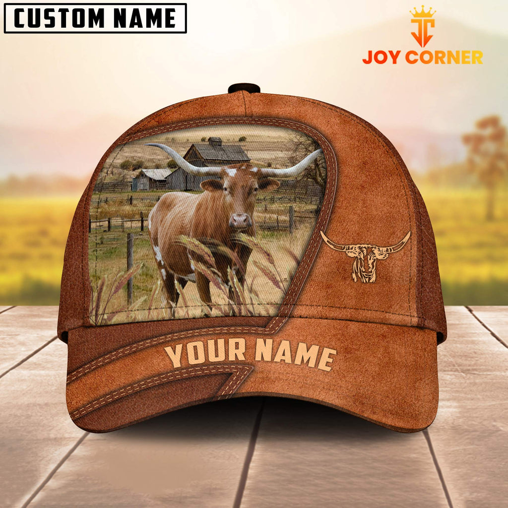 Texas Longhorn Customized Name Brown Leather Pattern Cap