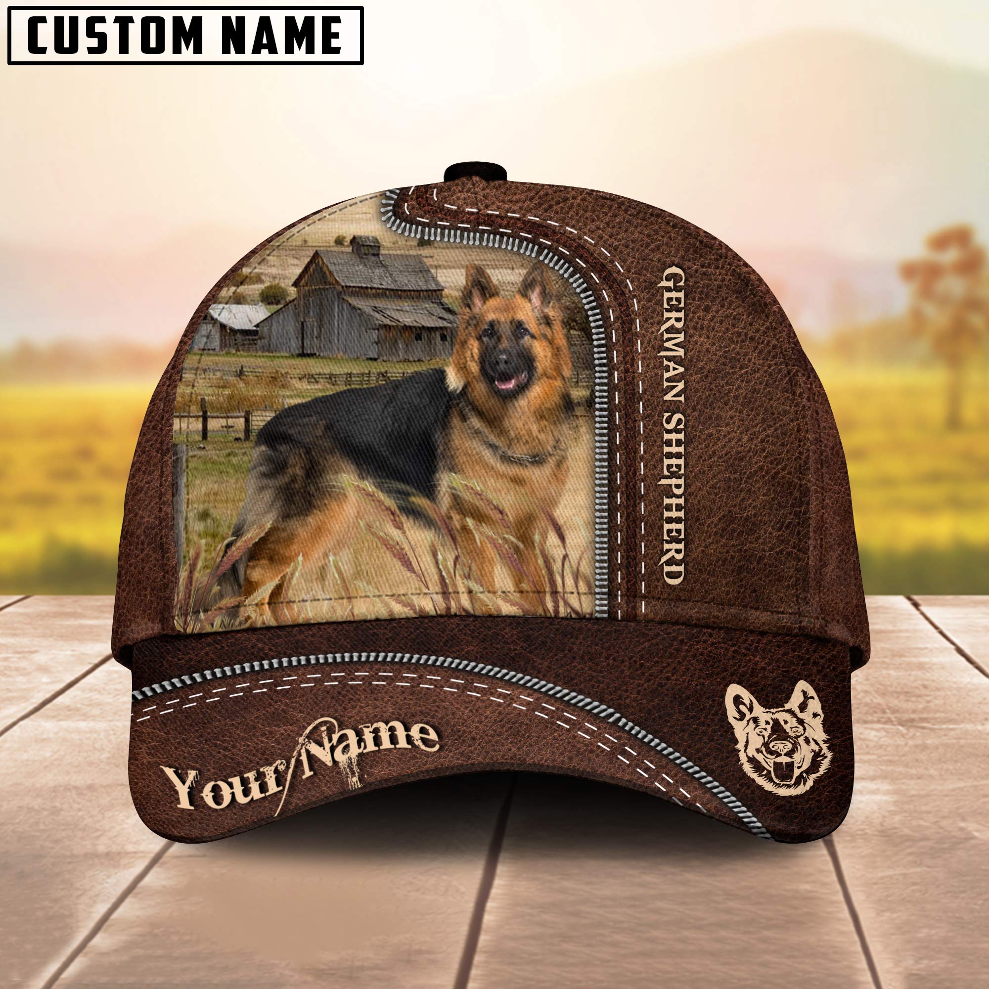 German Shepherd Customized Name Leather Pattern Cap