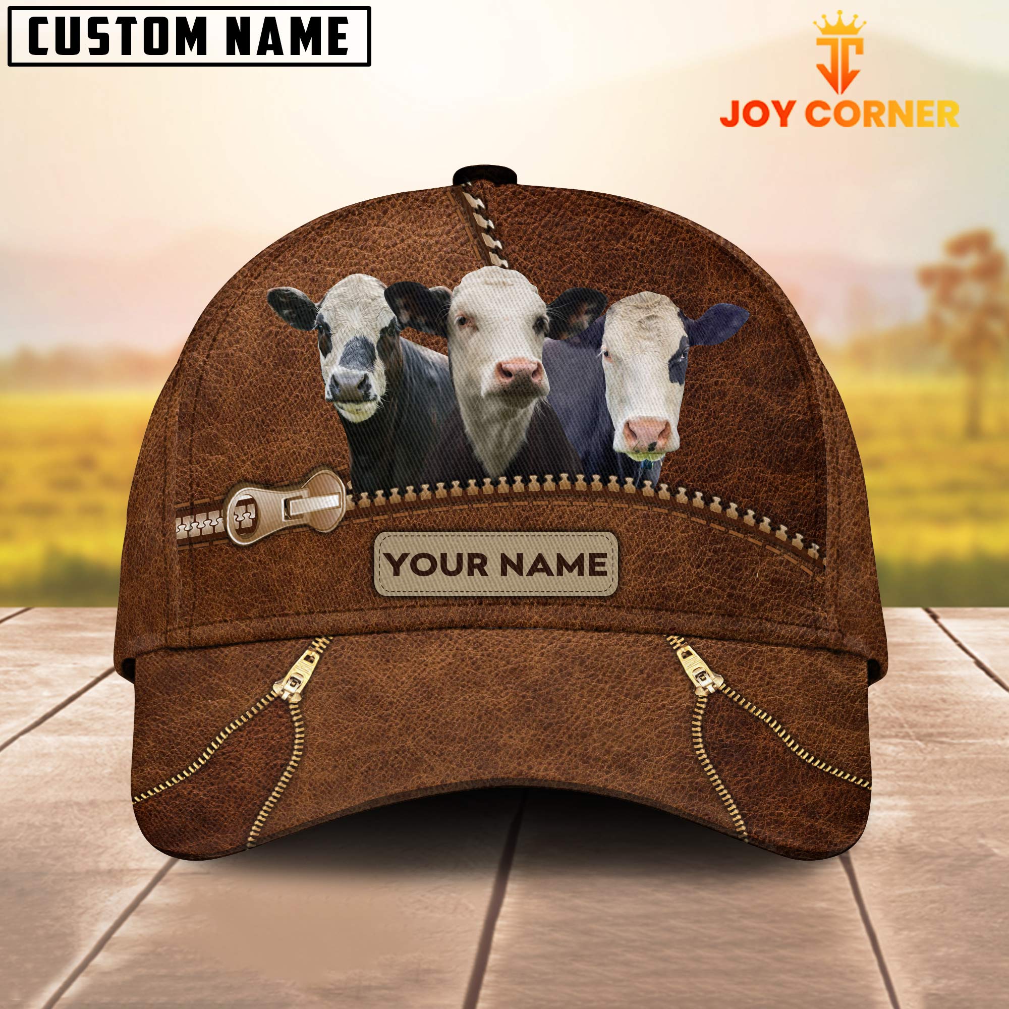 Black Baldy Cattle Zipper Pattern Customized Name Cap