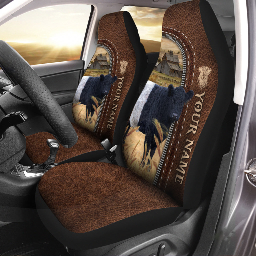 Belted Galloway Personalized Name Leather Pattern Car Seat Covers Universal Fit (2Pcs)
